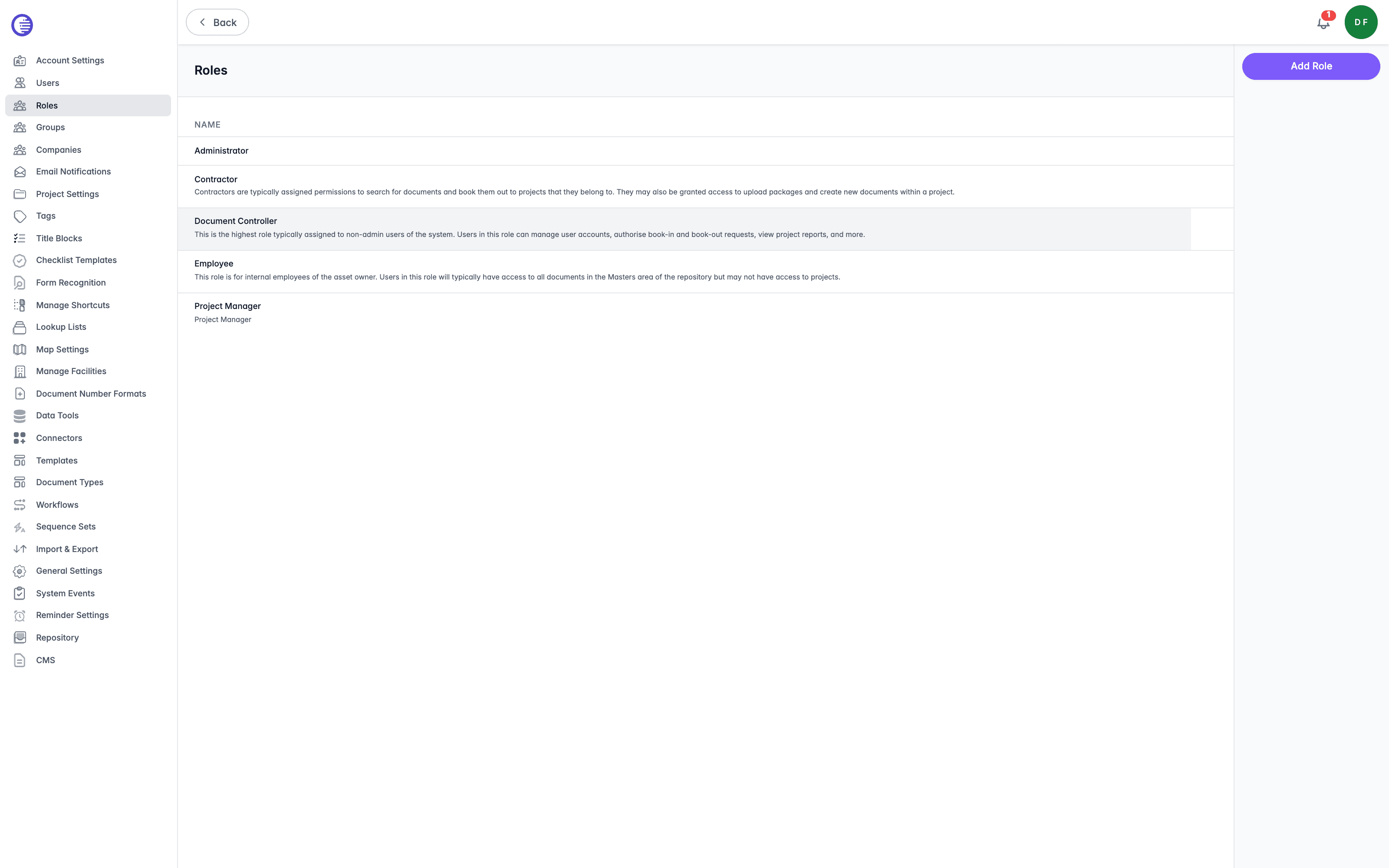 Roles list showing the built-in roles such as Administrator, Contractor, Document Controller, Employee, and Project Manager, each with a short description