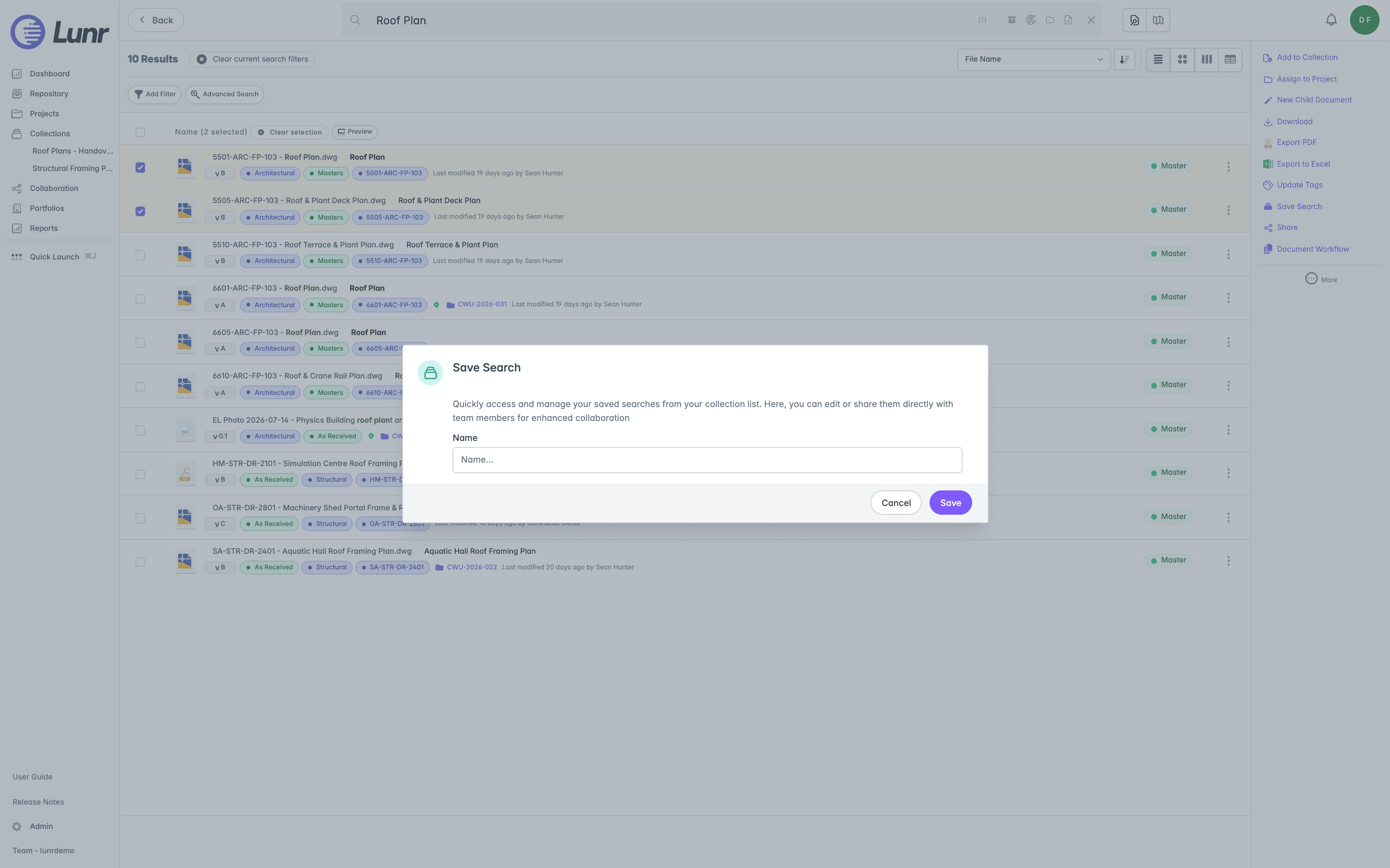 Save Search dialog with a Name field and an explanation of accessing saved searches from the collection list