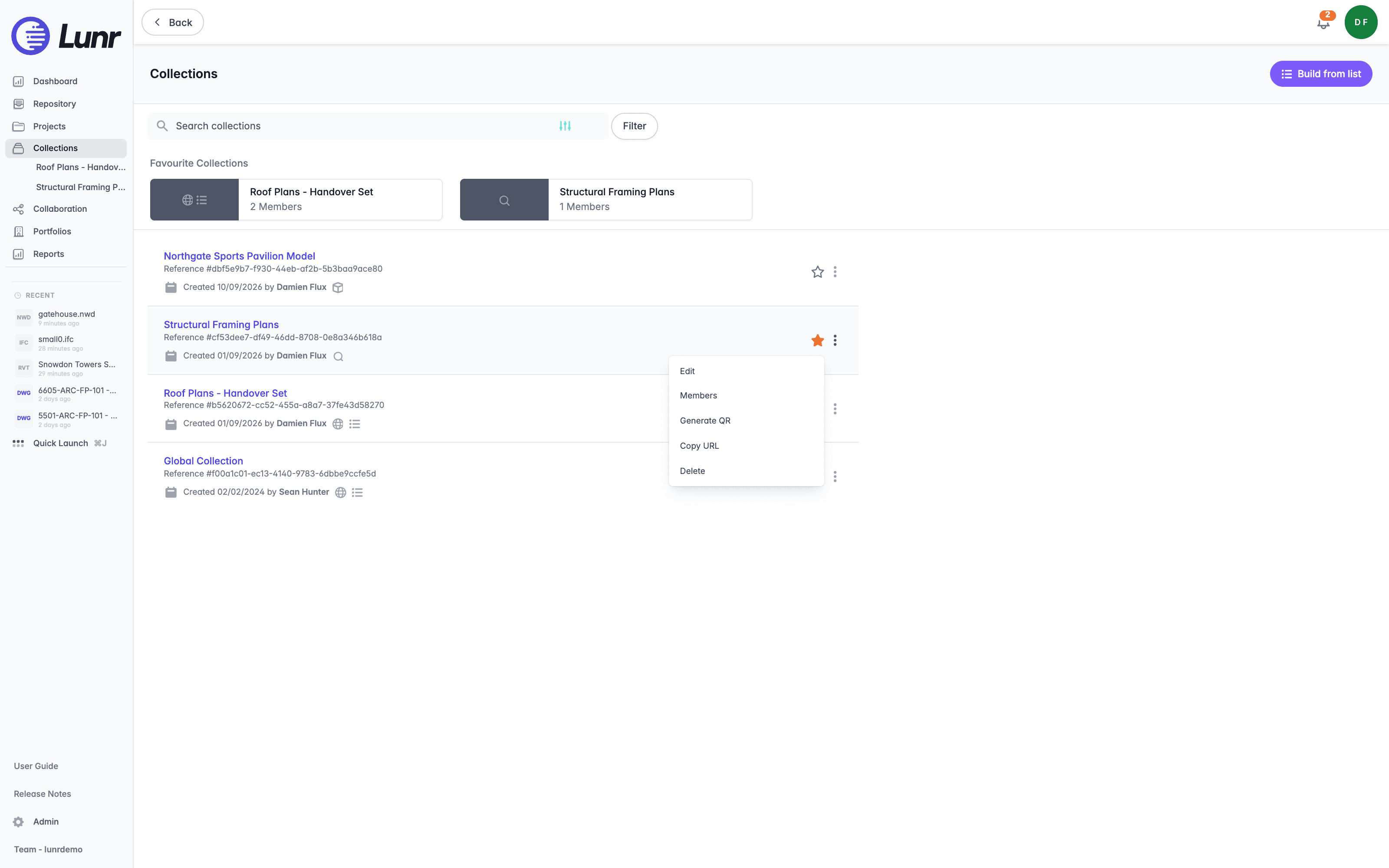 Options menu on the Structural Framing Plans saved search row showing Edit, Members, Generate QR, Copy URL, and Delete