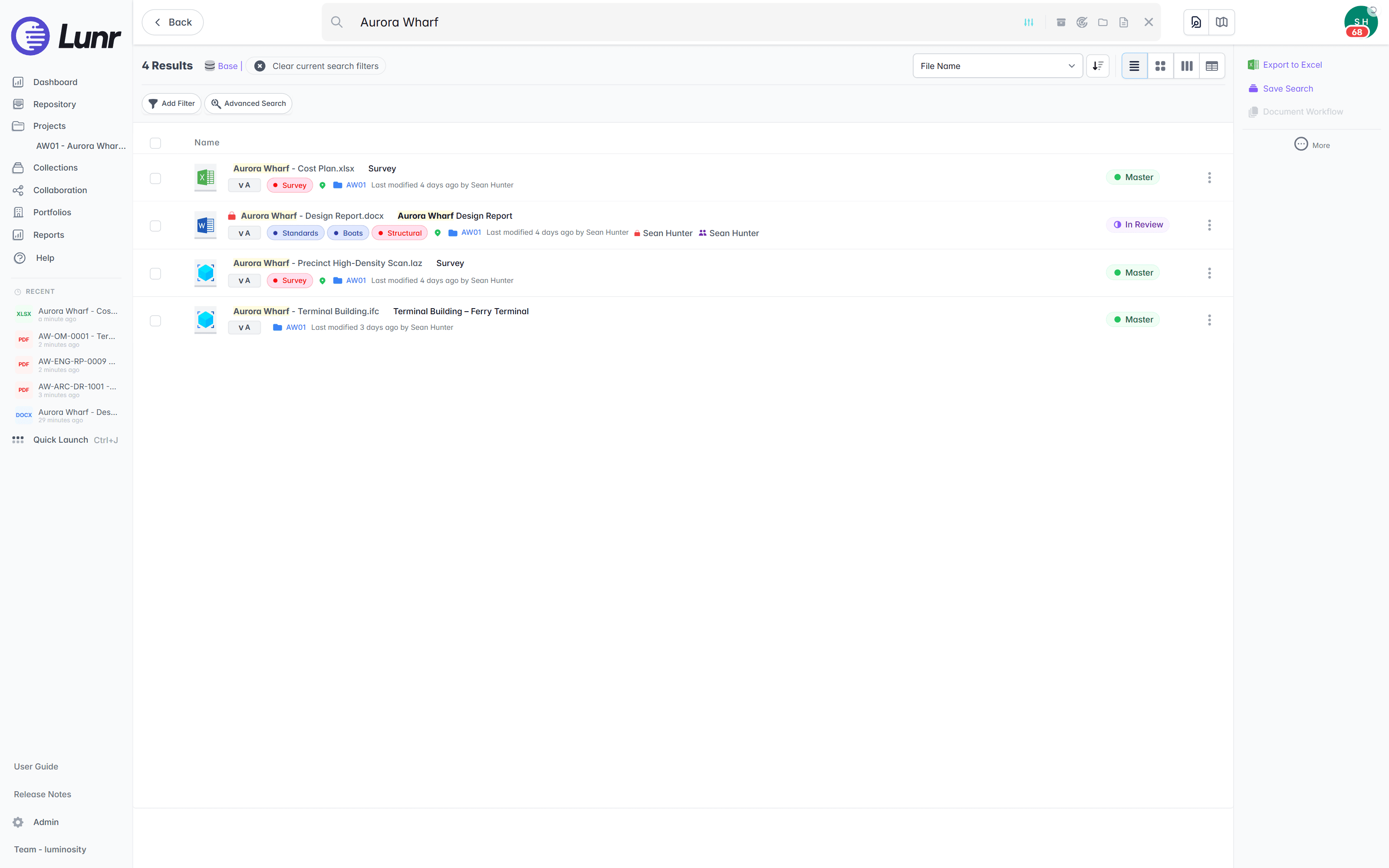 Search results list for Aurora Wharf showing four documents, each with its file name, title, version badge, discipline tags, project folder, and a Master or In Review status badge