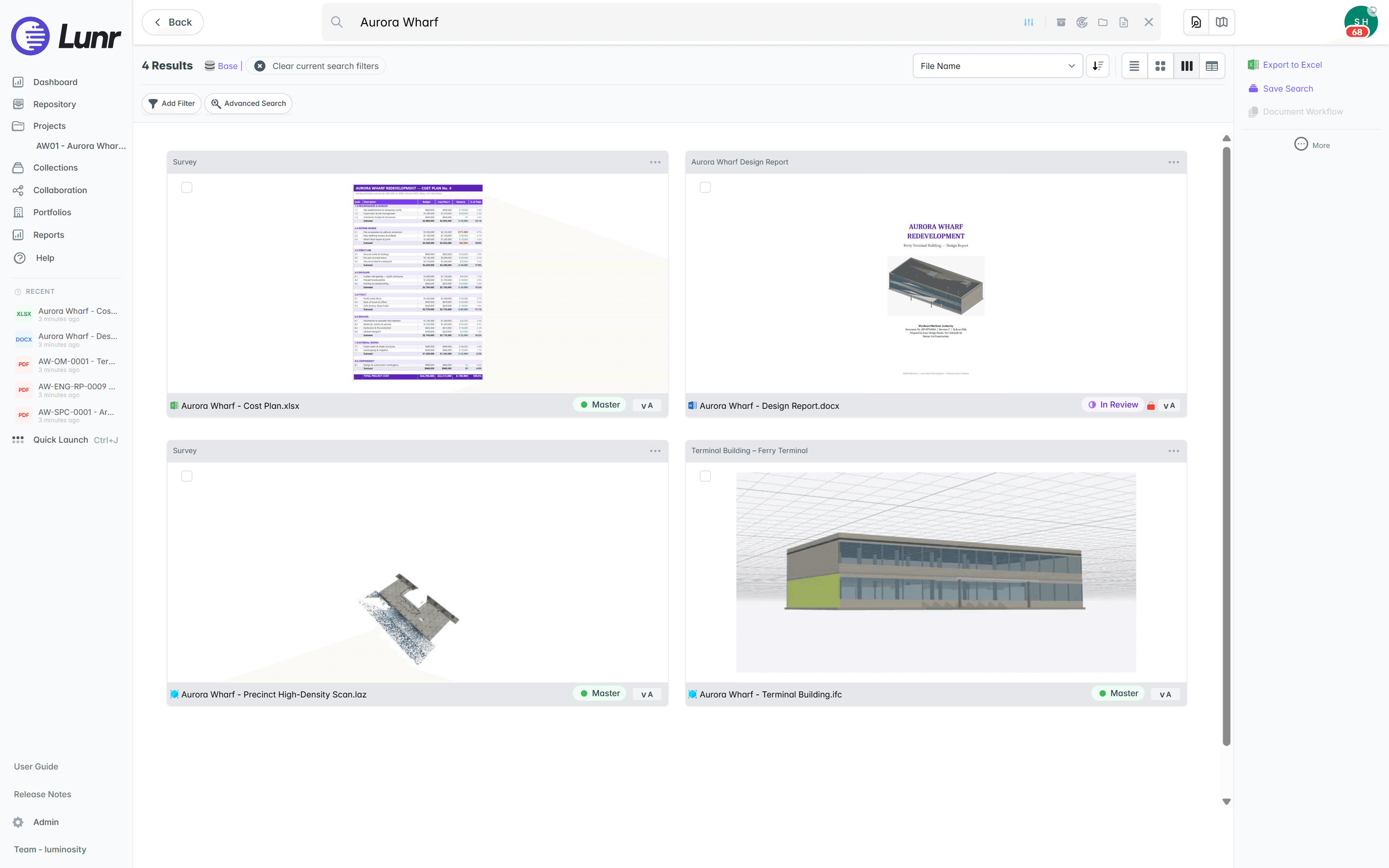 Search results for Aurora Wharf in the large thumbnail view, showing rendered previews of a cost plan spreadsheet, a design report, a point cloud scan, and a building model