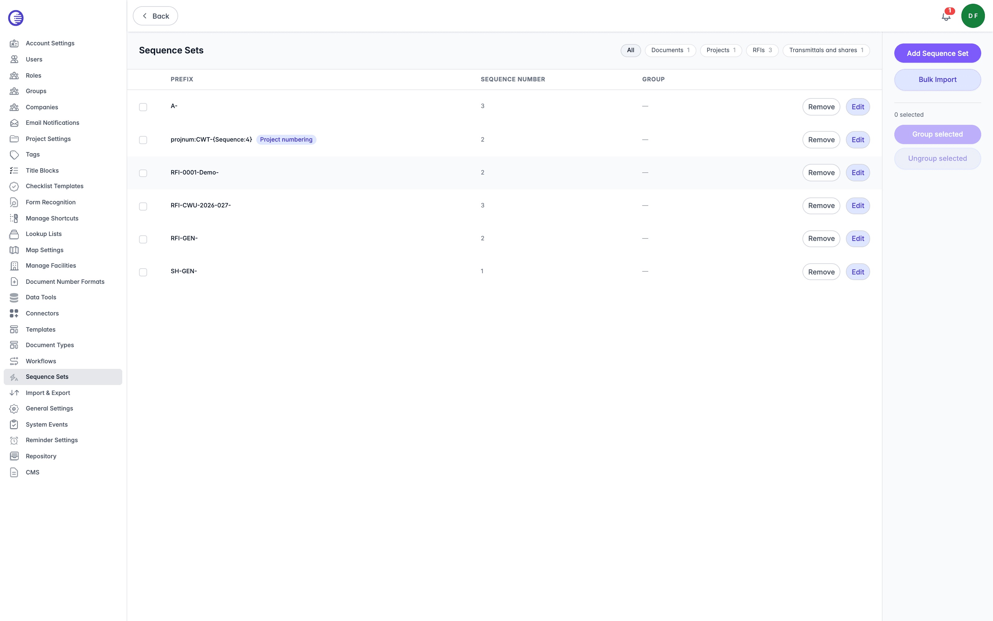 Sequence Sets page listing sequence prefixes with their sequence number and group, each row offering Remove and Edit, and the side panel offering Add Sequence Set, Bulk Import, Group selected, and Ungroup selected