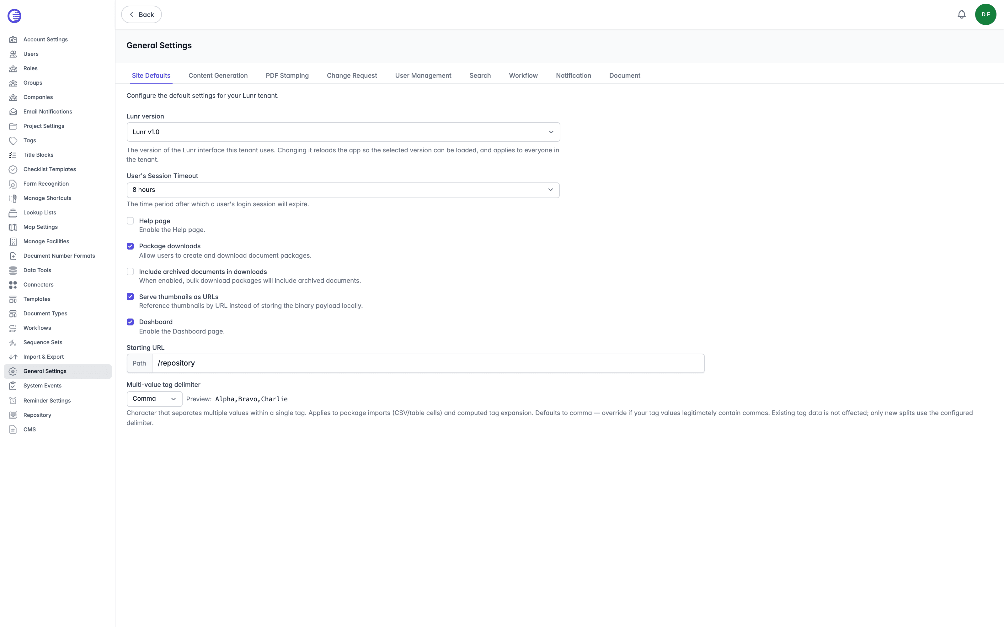 General Settings page on the Site Defaults tab, showing the nine-tab strip and the Lunr version, session timeout, Help page, Package downloads, Dashboard, Starting URL, and Multi-value tag delimiter settings