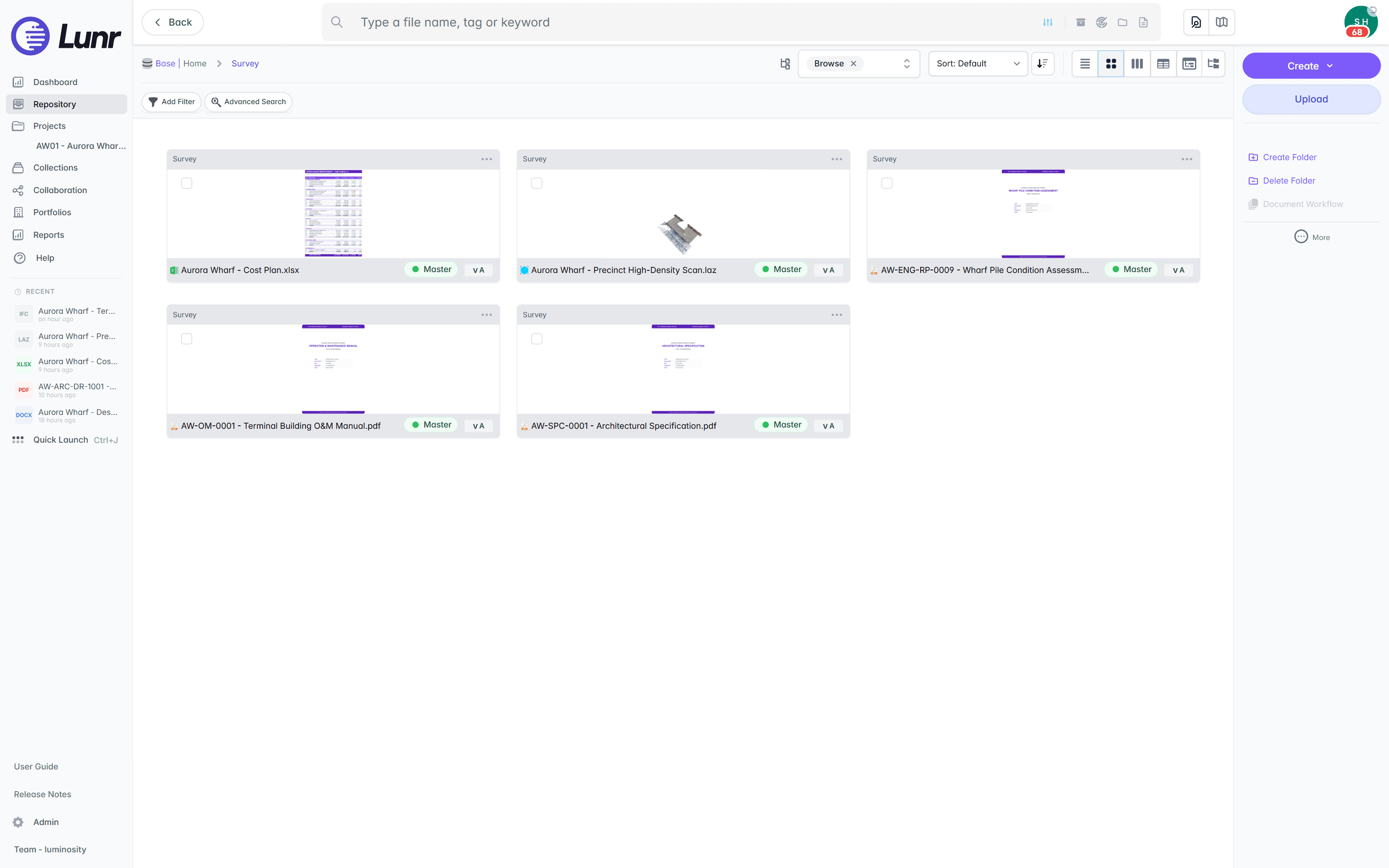 Small Thumbnail grid showing three Aurora Wharf documents per row with rendered previews and Master status badges