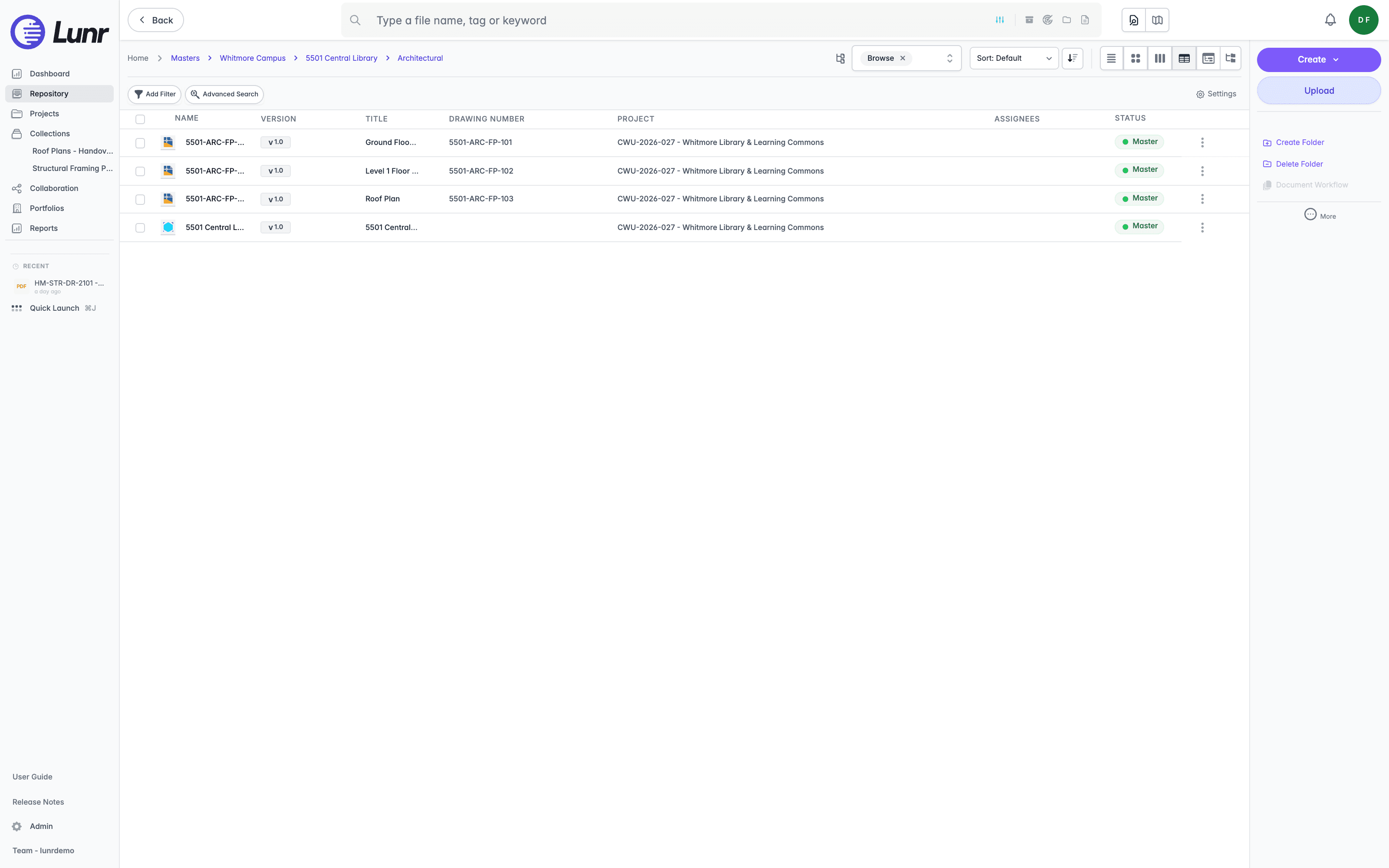 Repository table view inside the Architectural folder, listing four documents with Name, Version, Title, Drawing Number, Project, Assignees, and Status columns