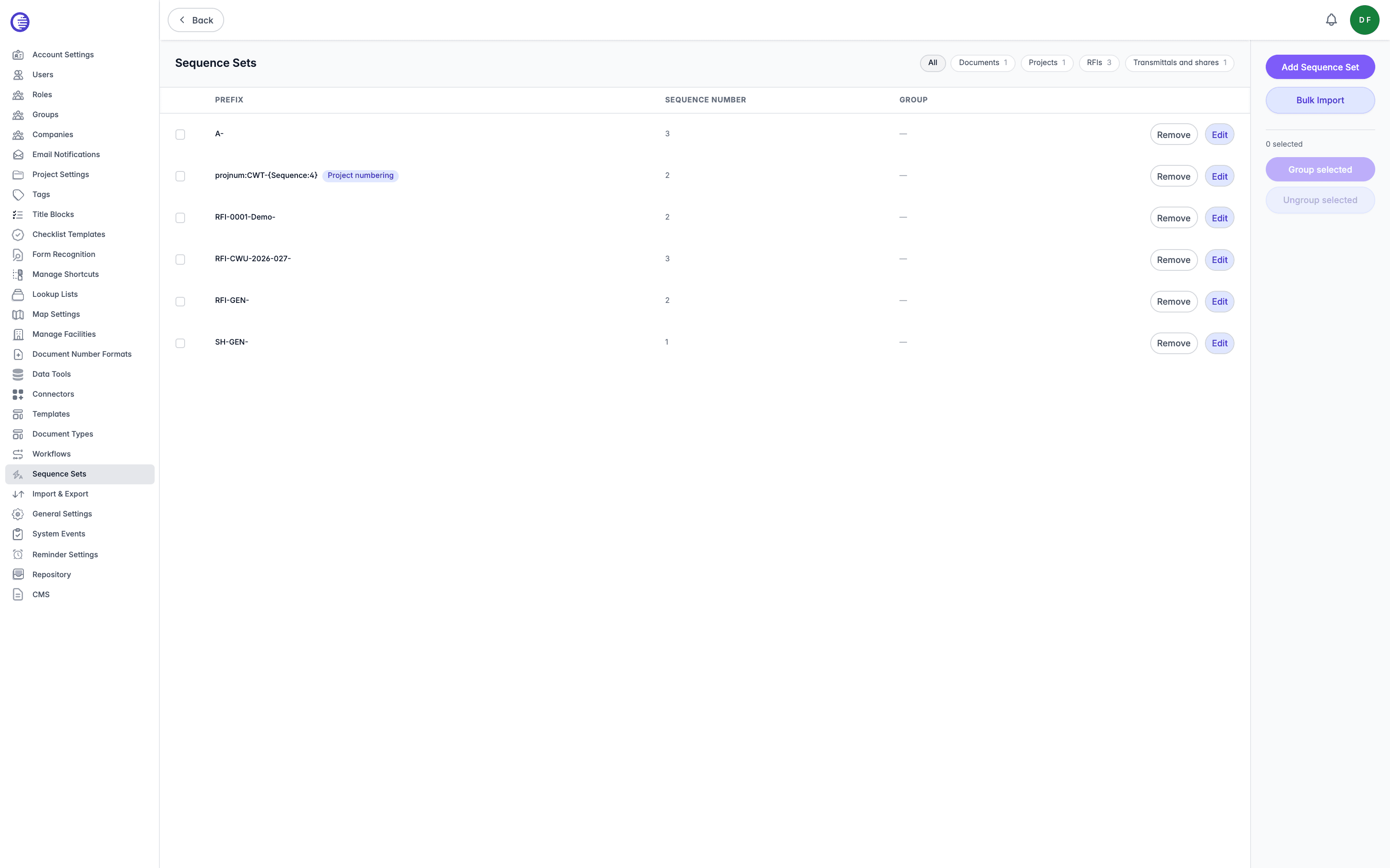 Sequence Sets page with the All, Documents, Projects, RFIs, and Transmittals and shares filter pills beside the heading, and a projnum row carrying the Project numbering pill