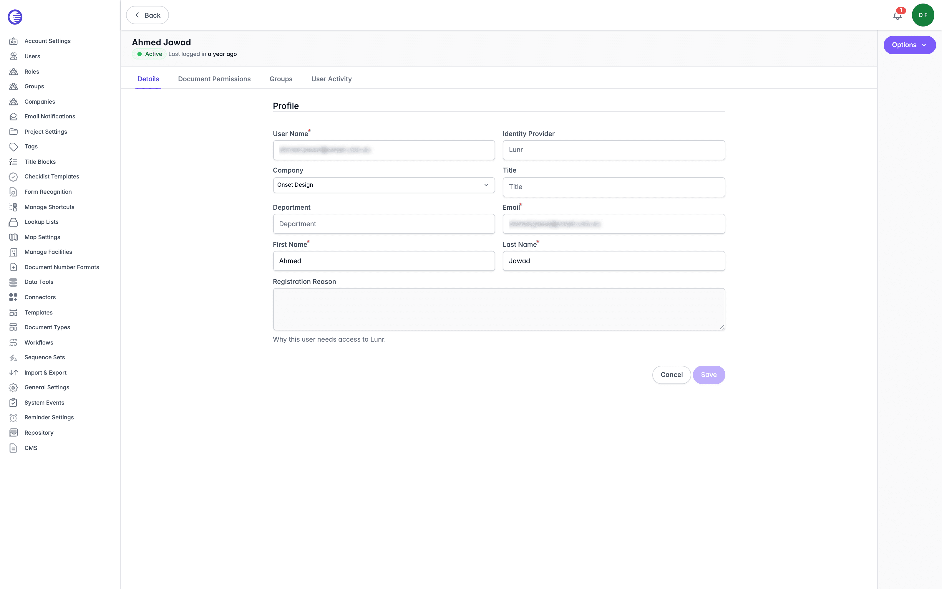 User details form for a single account, showing profile fields such as name, company, and department