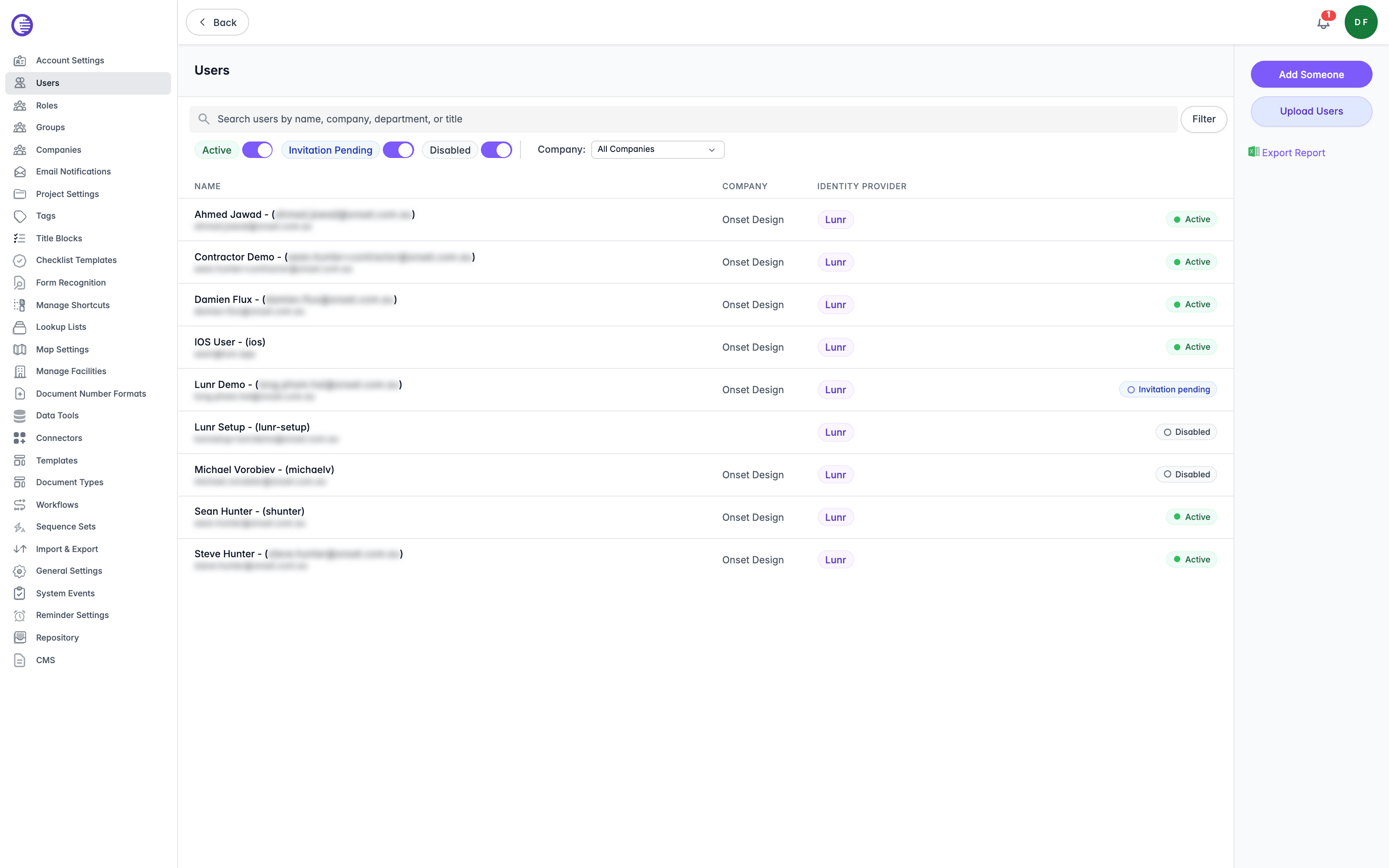 Users list with the status filters, the Company dropdown filter, and the Identity Provider column