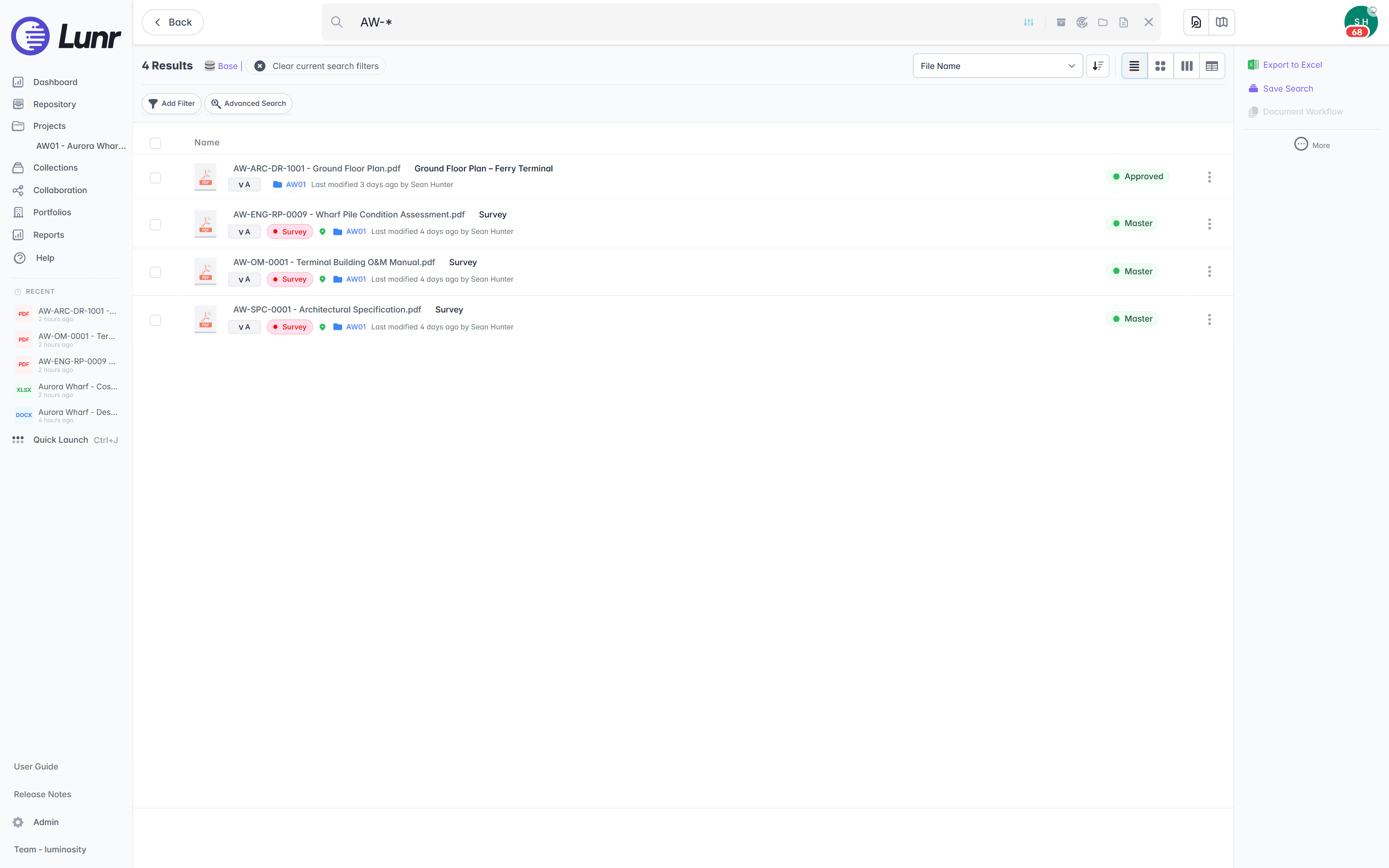 Search results for the wildcard query AW-* listing the four AW-prefixed documents, each with its file name, title, discipline tag, project folder, and status badge