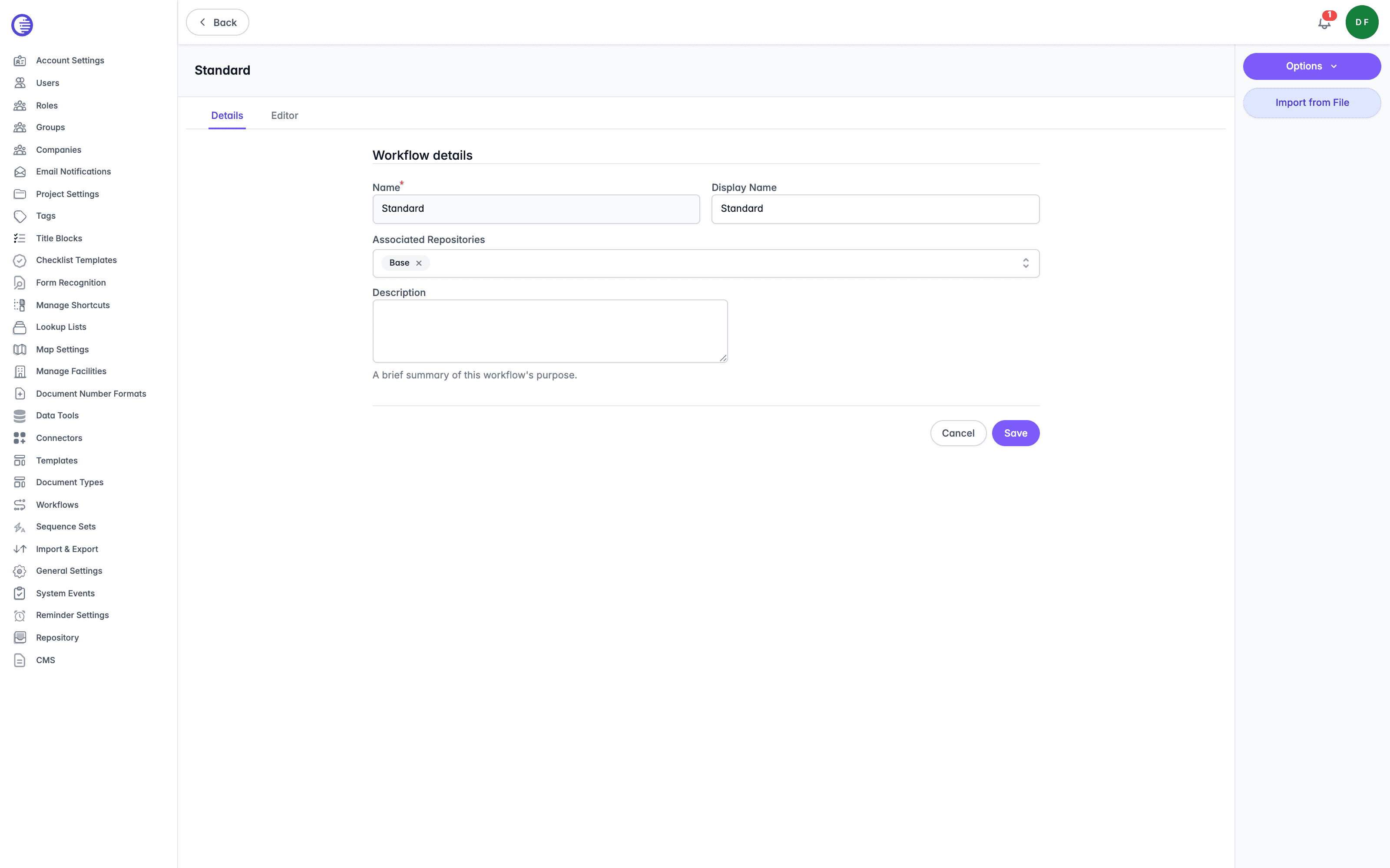 Details tab for the Standard workflow, showing its name, display name, and the Base repository it is associated with