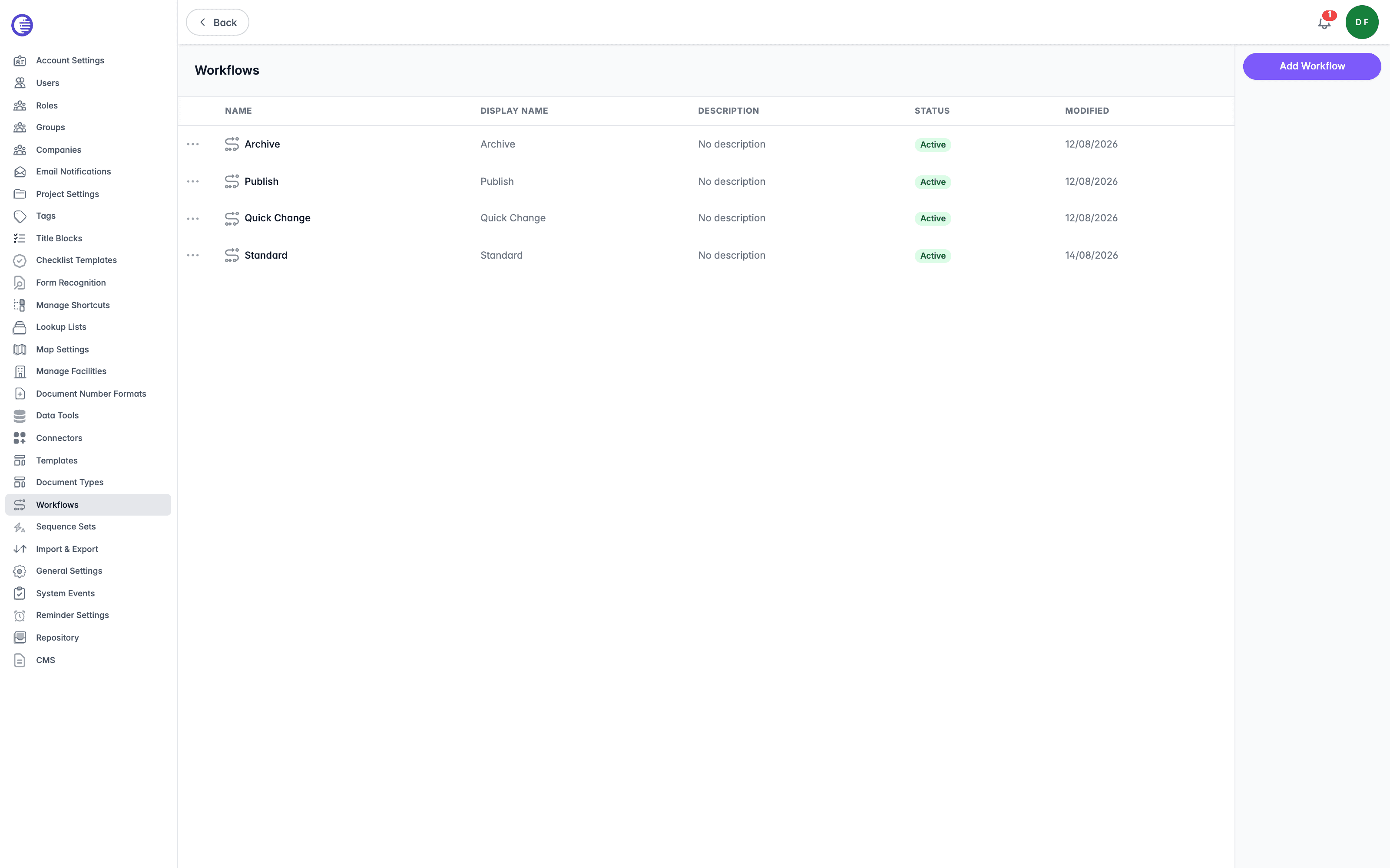 Workflows list showing the Archive, Publish, Quick Change, and Standard workflows, each with its last modified date