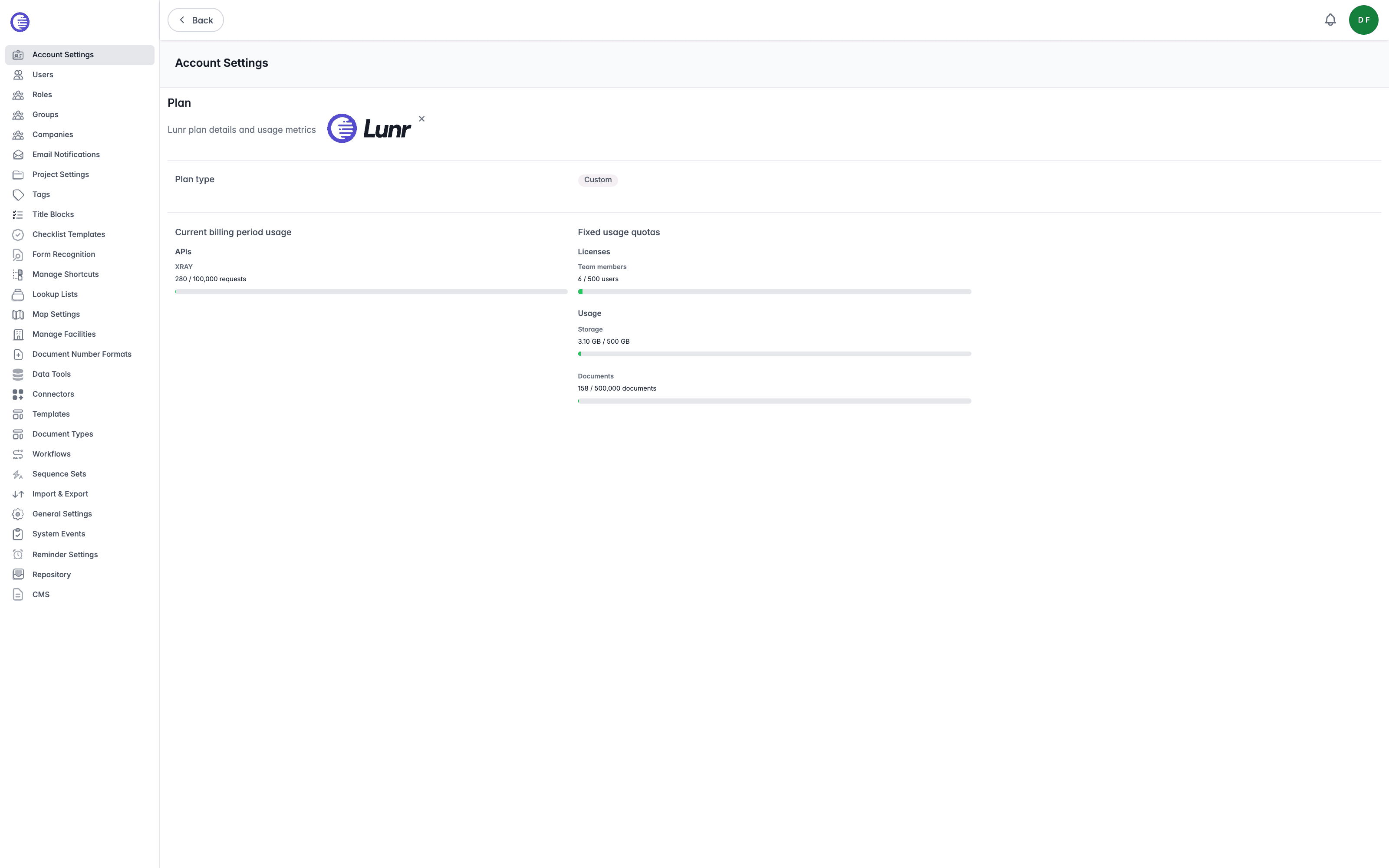Account Settings page showing the Plan section with a Custom plan type and the organisation logo, Current billing period usage reporting XRAY requests, and Fixed usage quotas for team members, storage, and documents