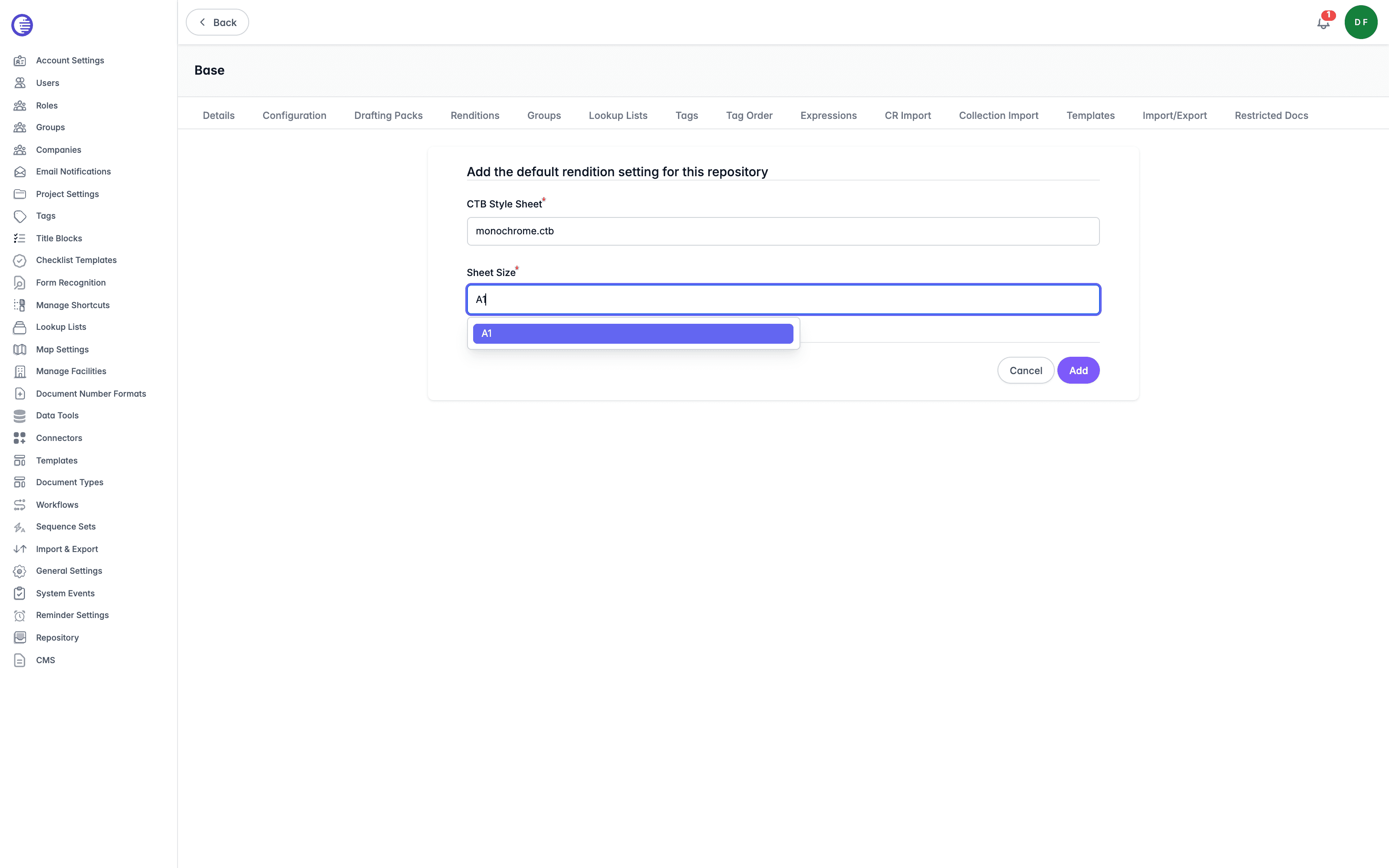 The Add Rendition Setting form for the Base repository filled in with an example CTB style sheet and A1 sheet size