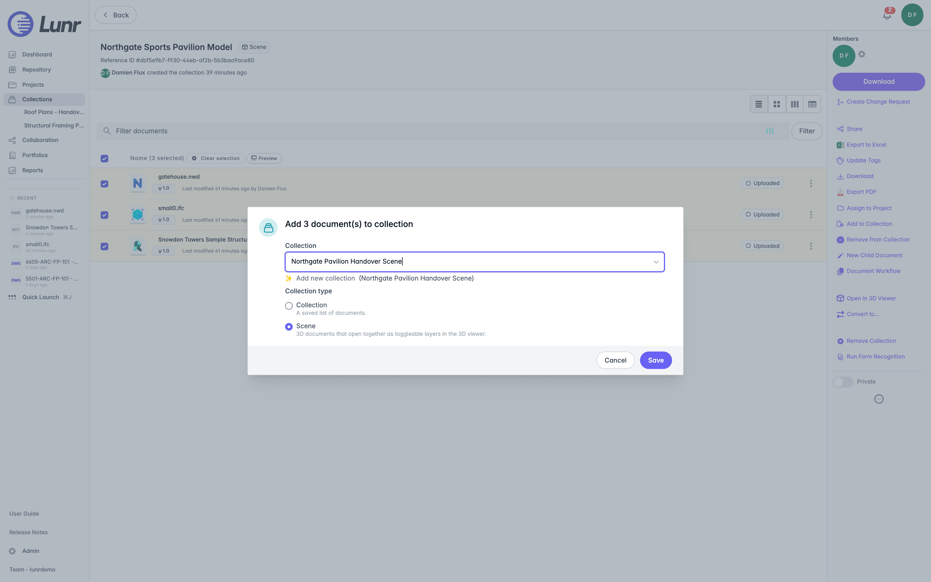 Add to Collection dialog for three 3D documents with a new name entered, the Add new collection hint, and Scene chosen as the Collection type