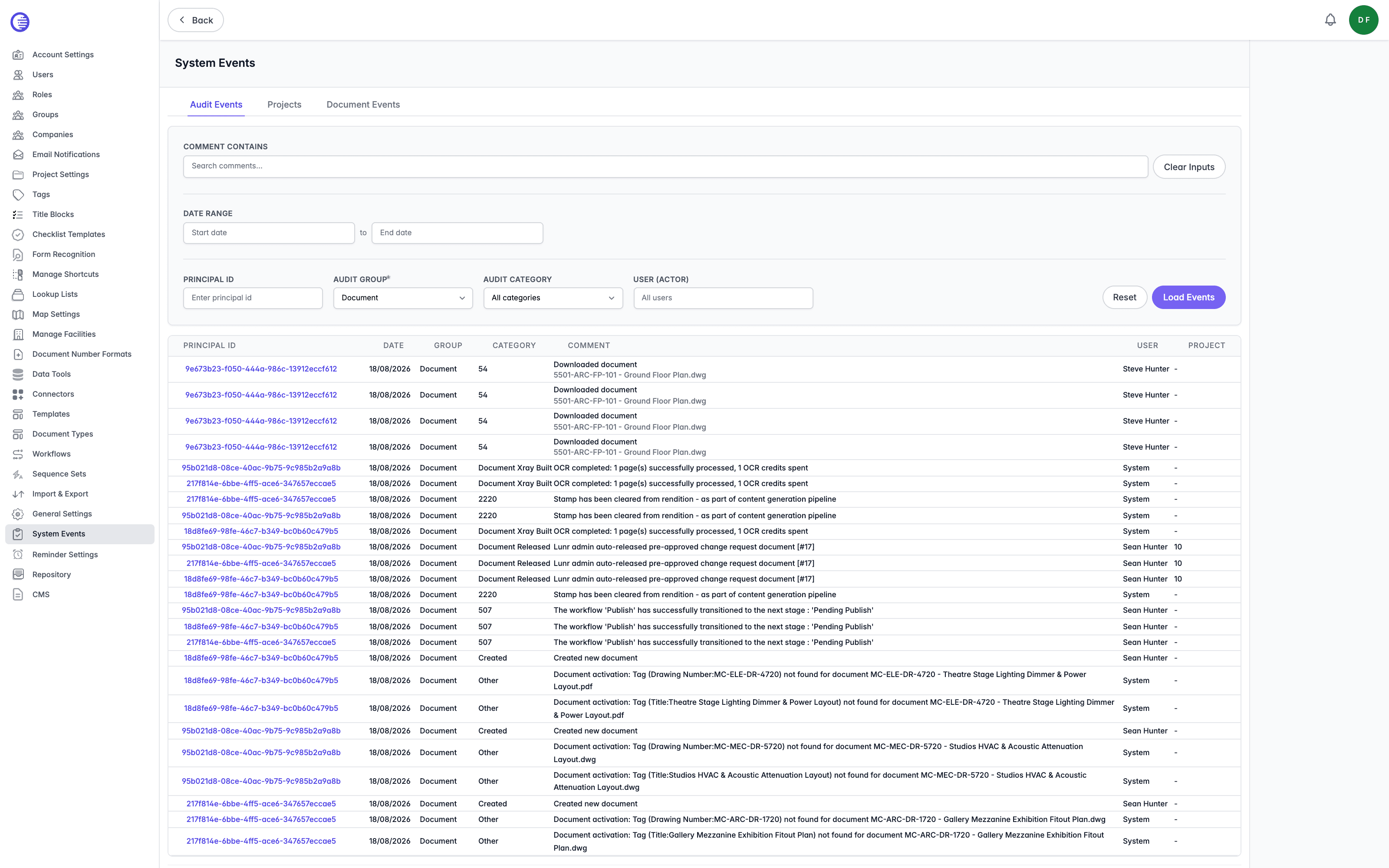 Audit Events tab of the System Events page, showing the Audit Events, Projects, and Document Events tabs, the Comment Contains, Date Range, Principal Id, Audit Group, Audit Category, and User filters with Reset and Load Events buttons, and a page of results for the Document audit group