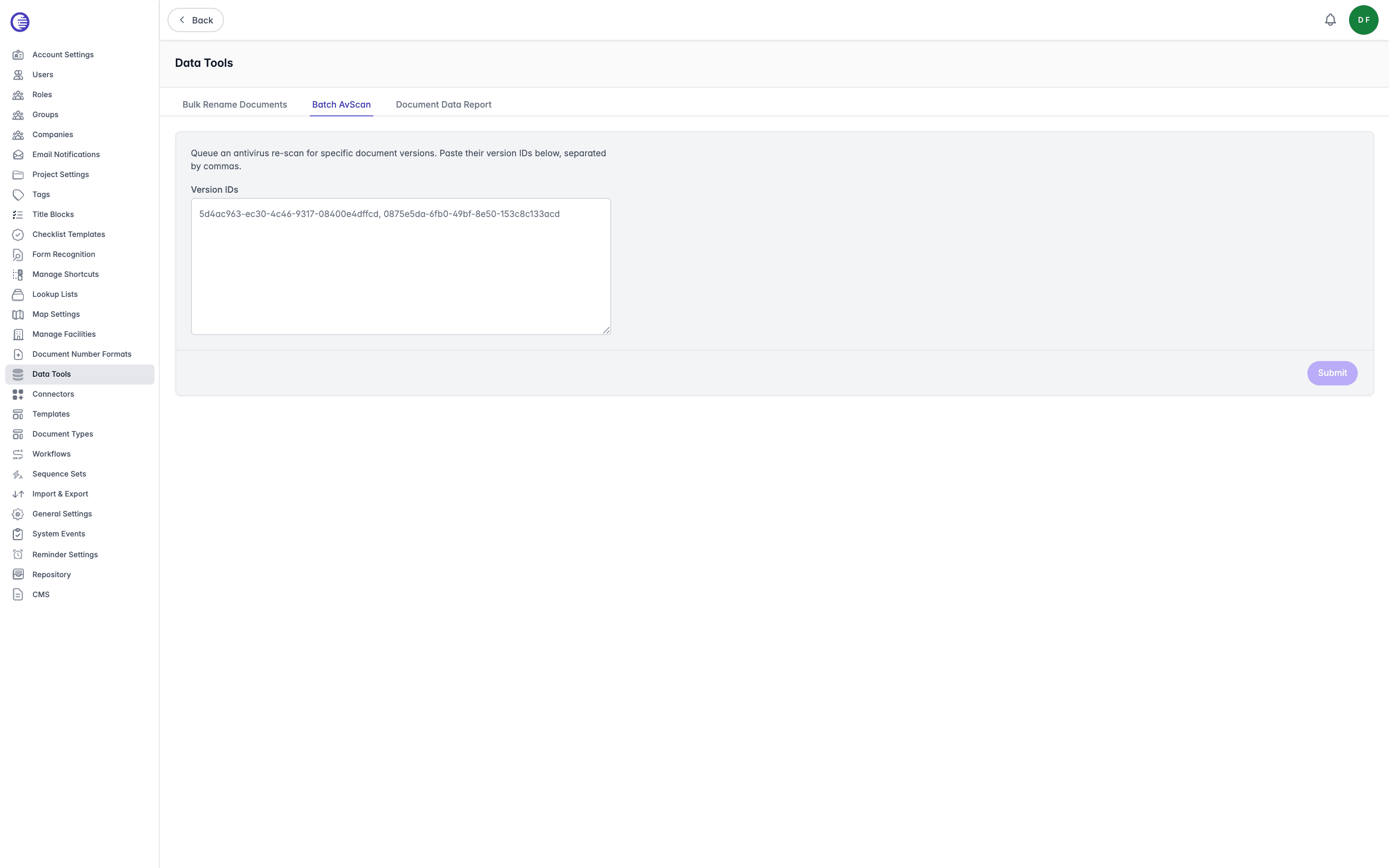 Batch AvScan tab showing the Version IDs text field and a disabled Submit button