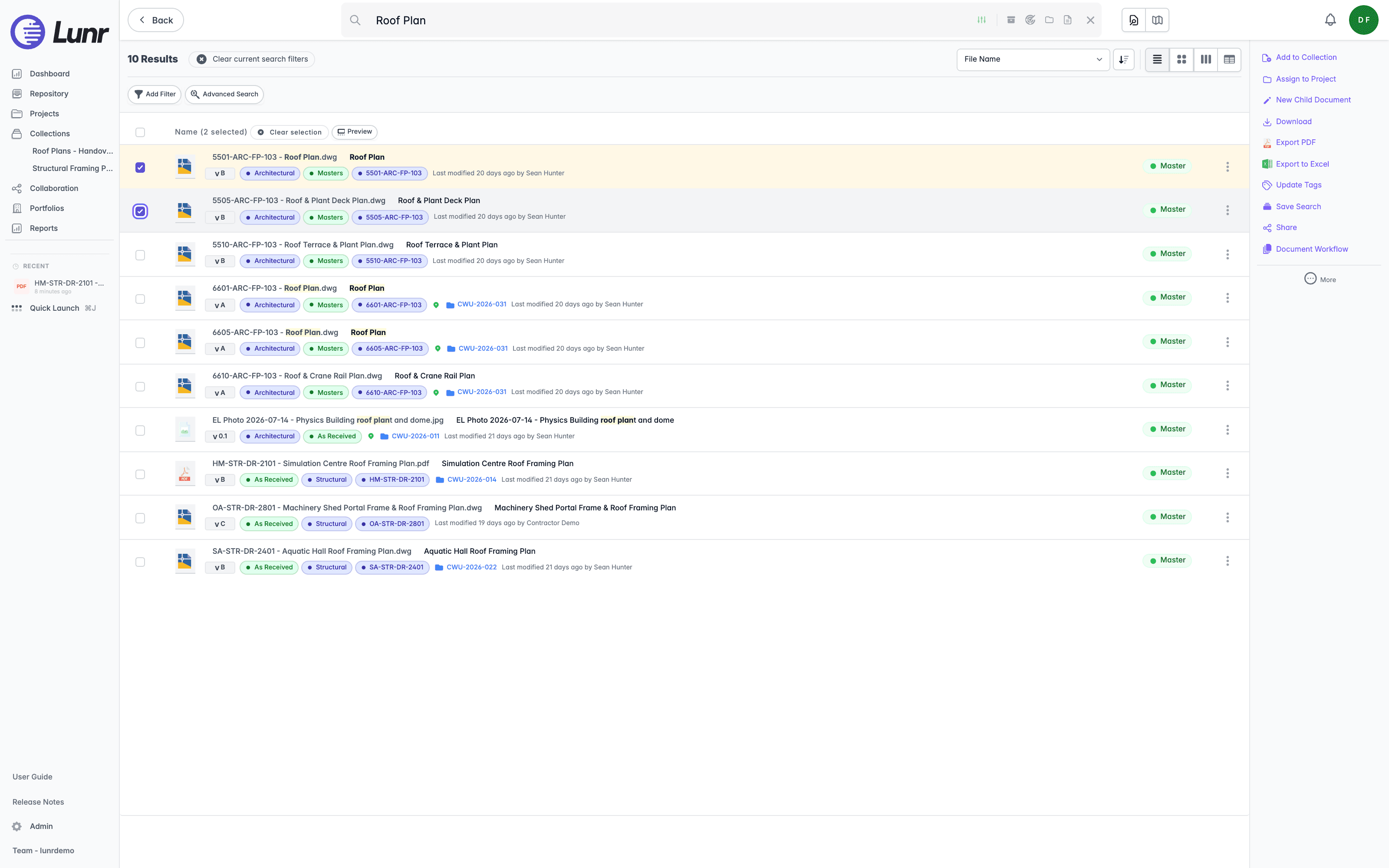 Two Roof Plan documents selected in search results, with Document Workflow listed among the batch actions in the Action Pane