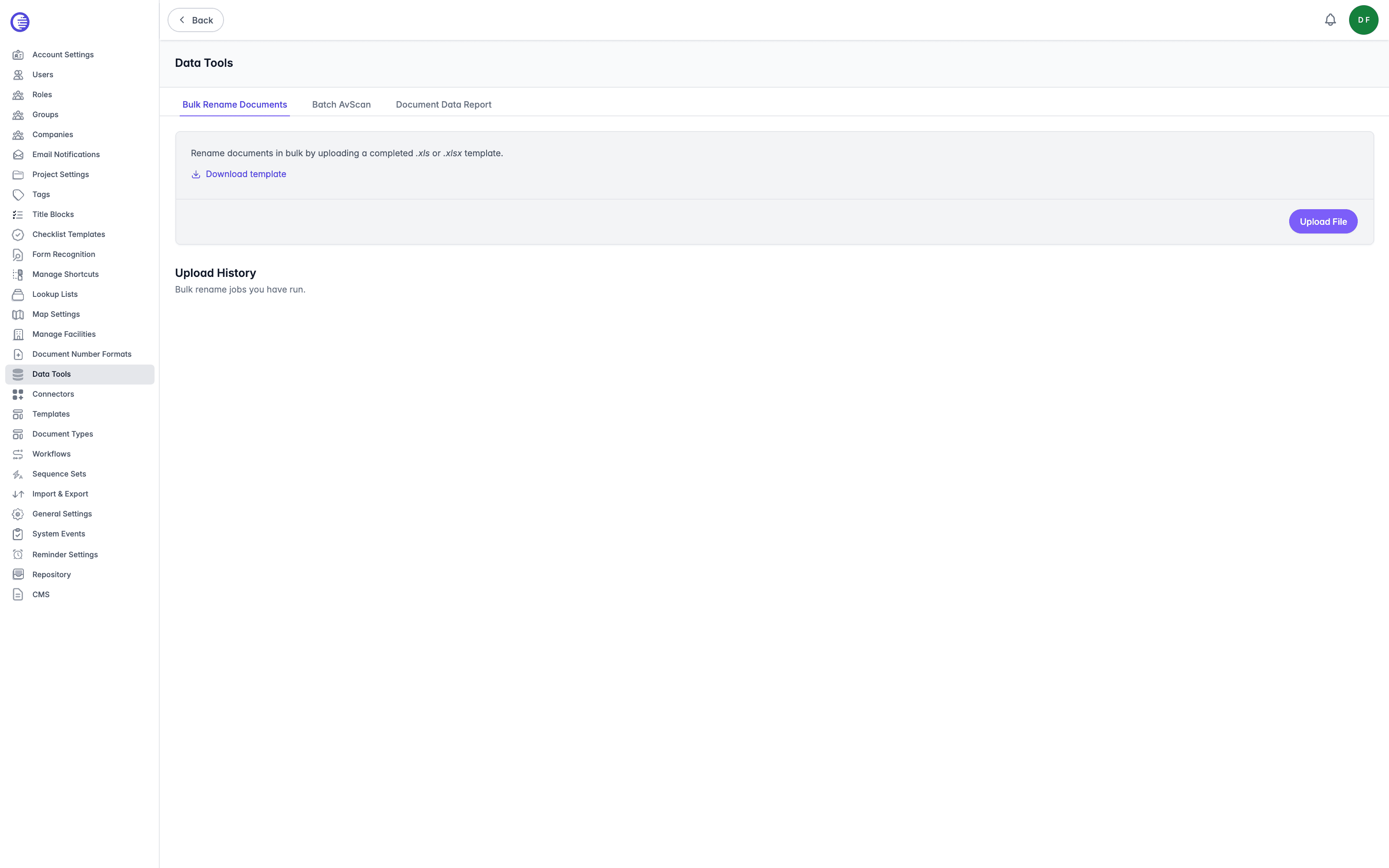 Bulk Rename Documents tab showing the template download link, Upload File button, and an empty Upload History section