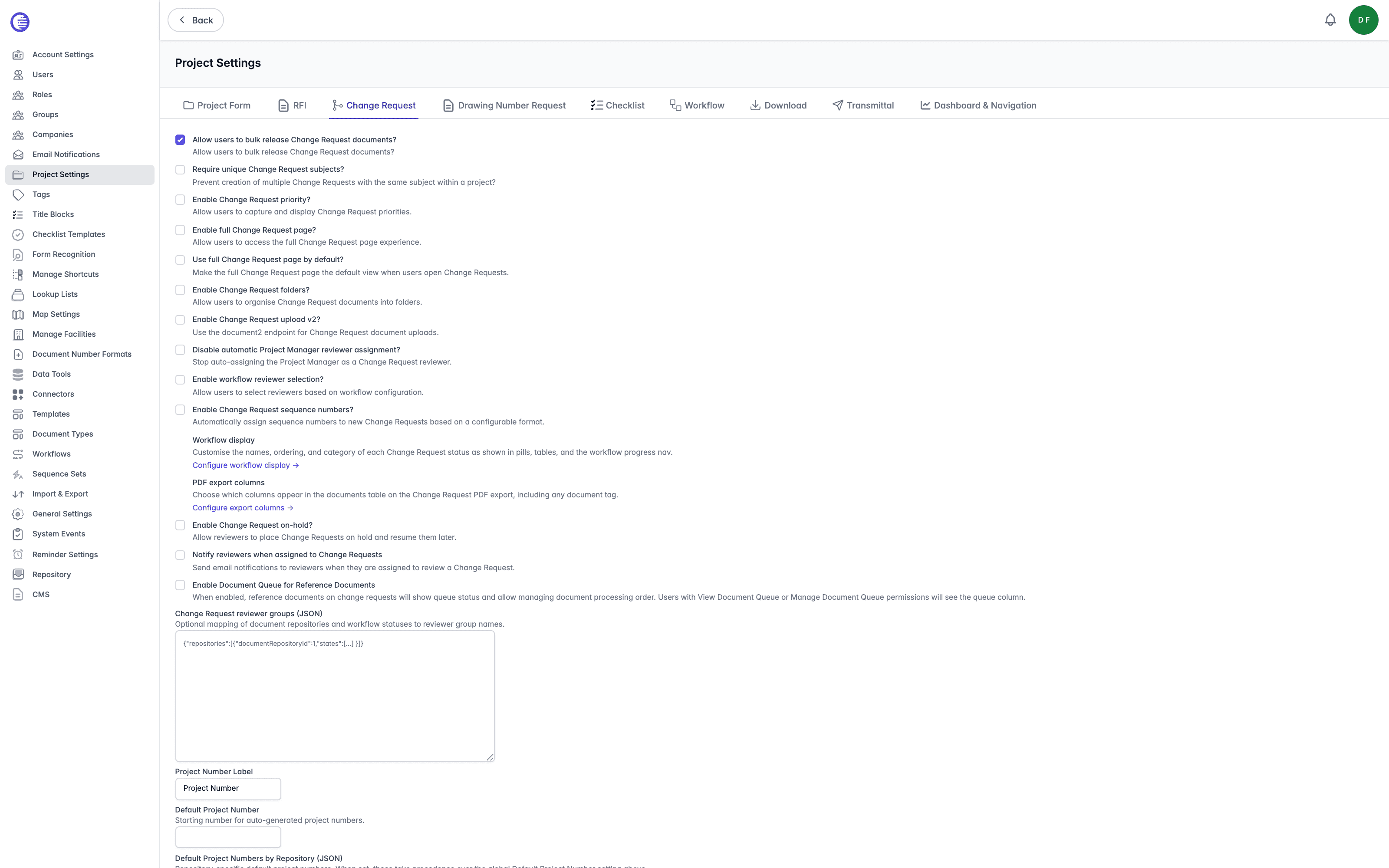 Change Request tab showing the Change Request settings and the links to configure workflow display and export columns