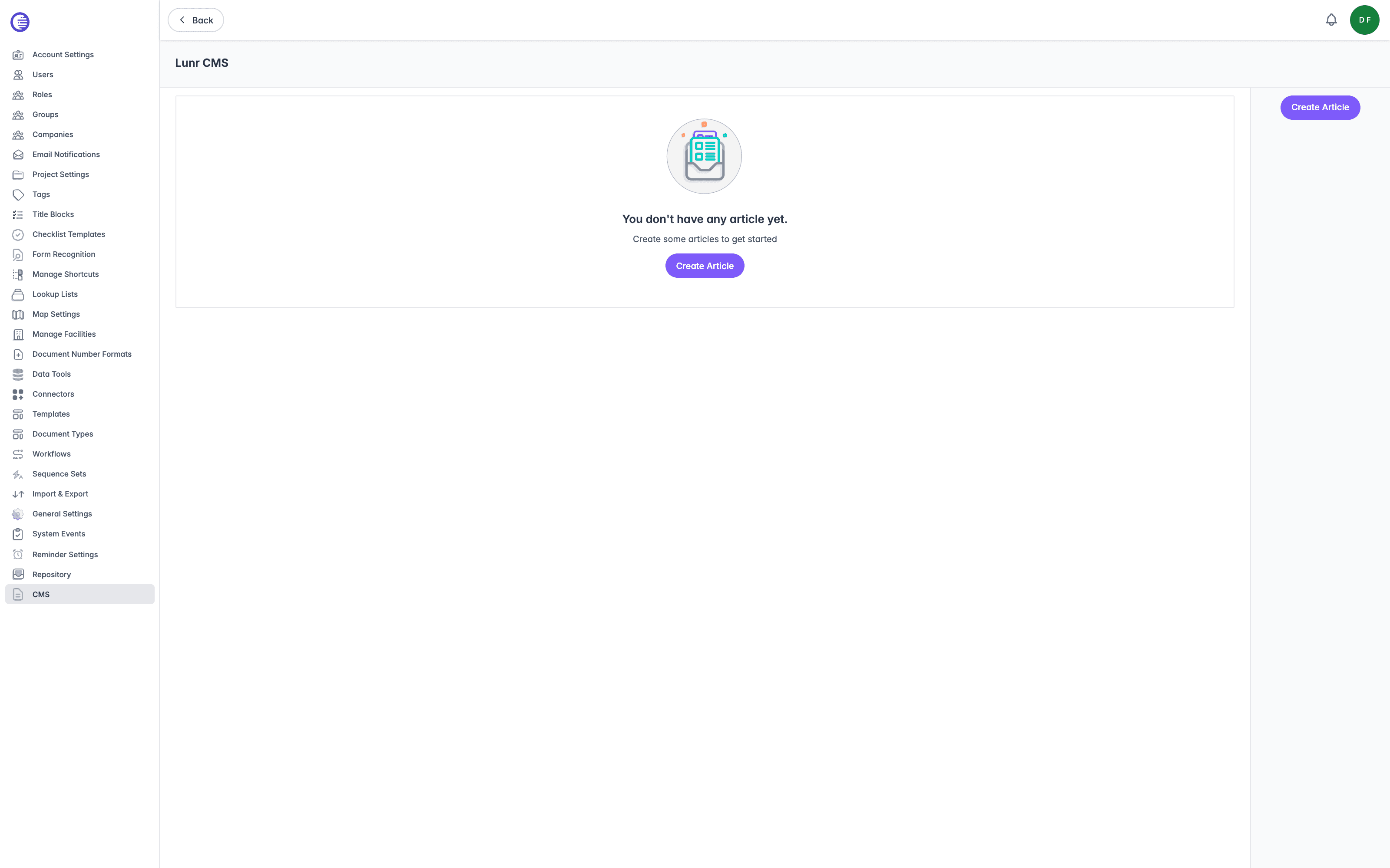 Lunr CMS page with no articles yet, showing the empty-state message "You don't have any article yet.", the "Create some articles to get started" prompt, and a Create Article button