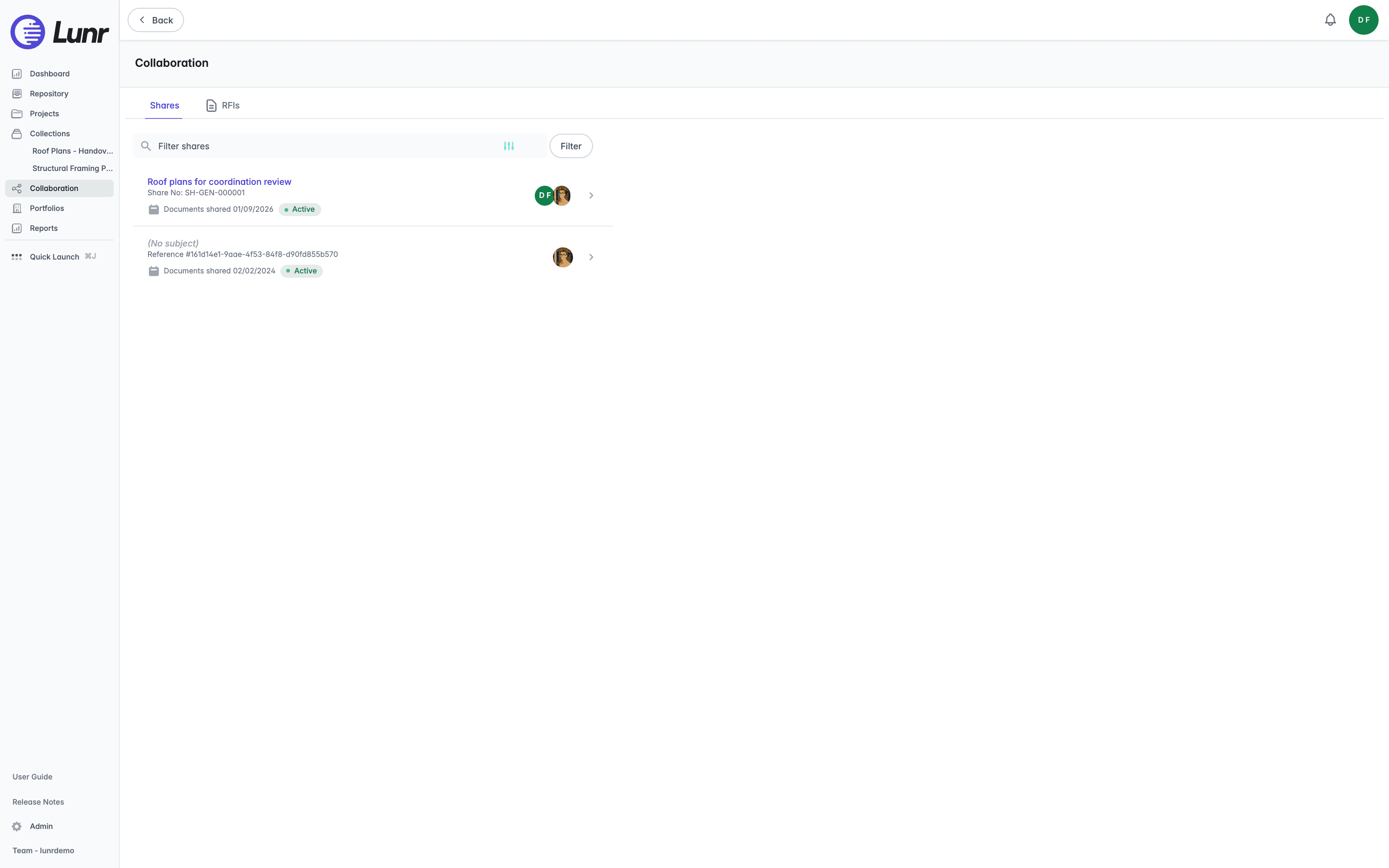 Shares tab listing Roof plans for coordination review and a No subject share, each showing its share number, creation date, status pill, and member avatars