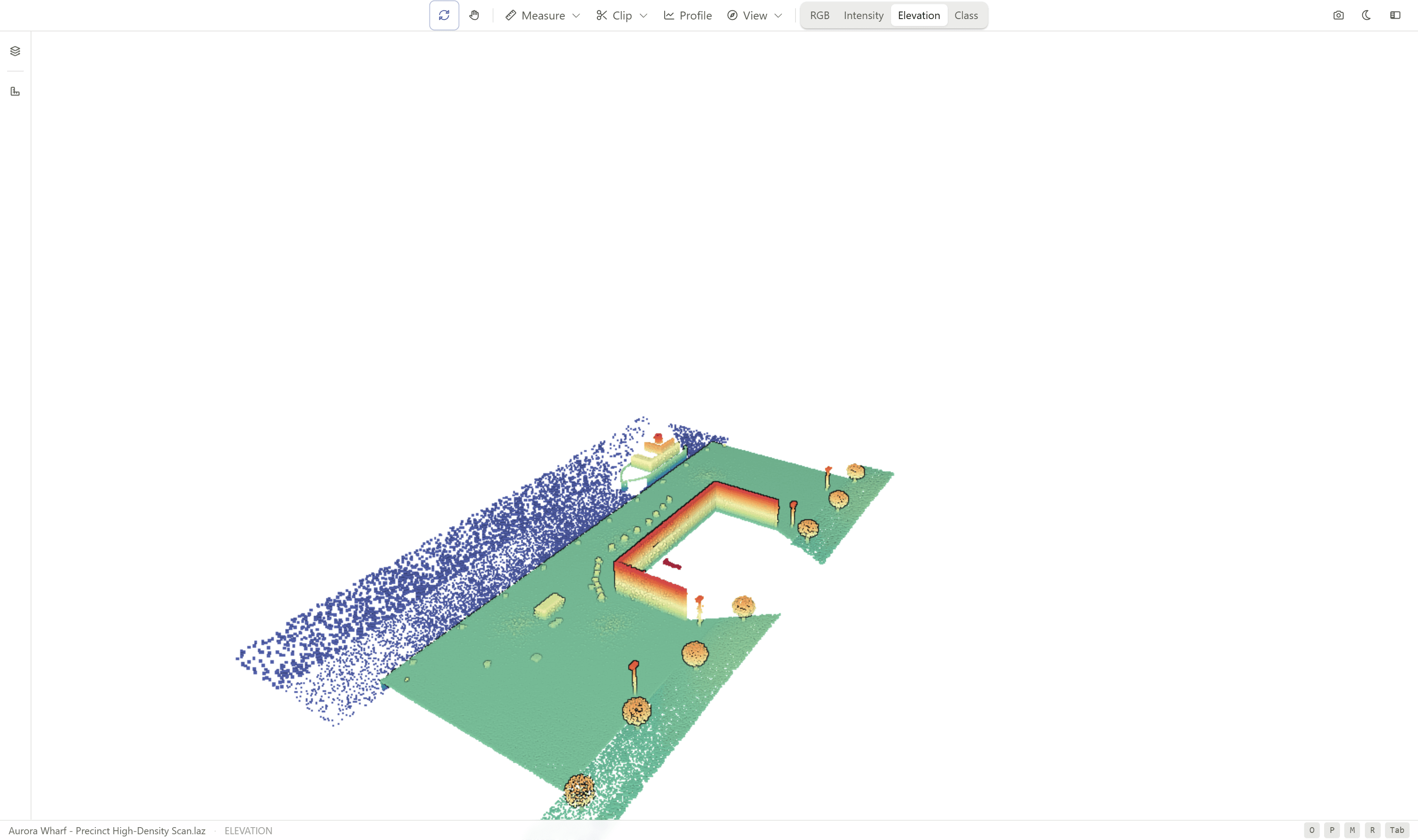 Point cloud coloured by elevation, with lower points darker and higher points lighter