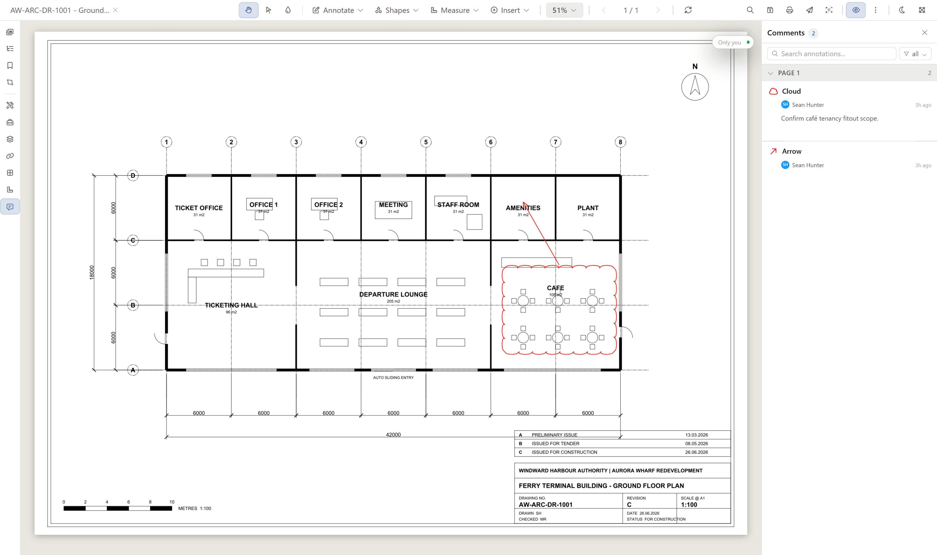 The Comments panel listing a cloud markup and its comment alongside the drawing