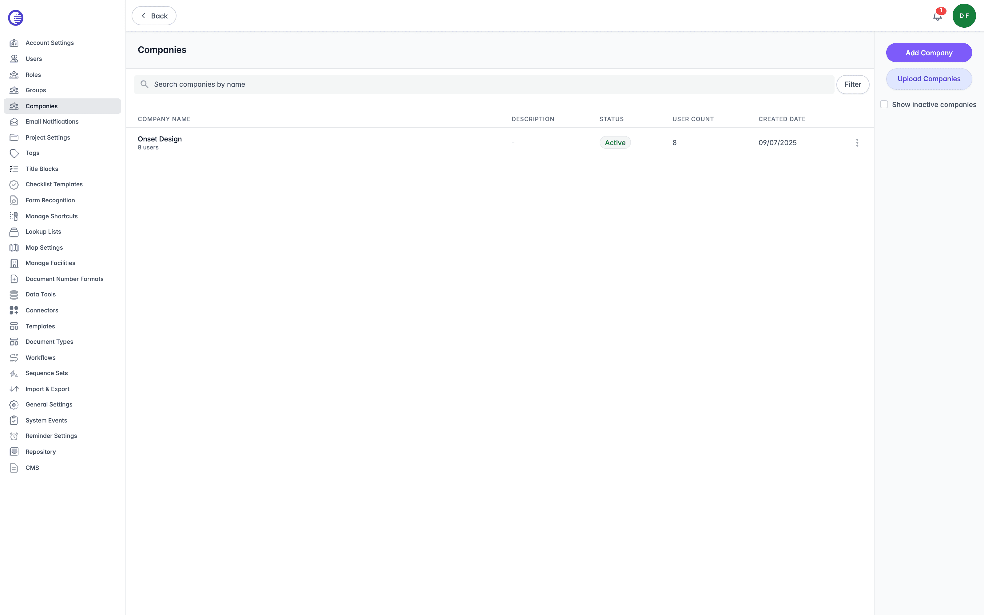 Companies list showing Onset Design as the sole active company with its user count, status, and creation date