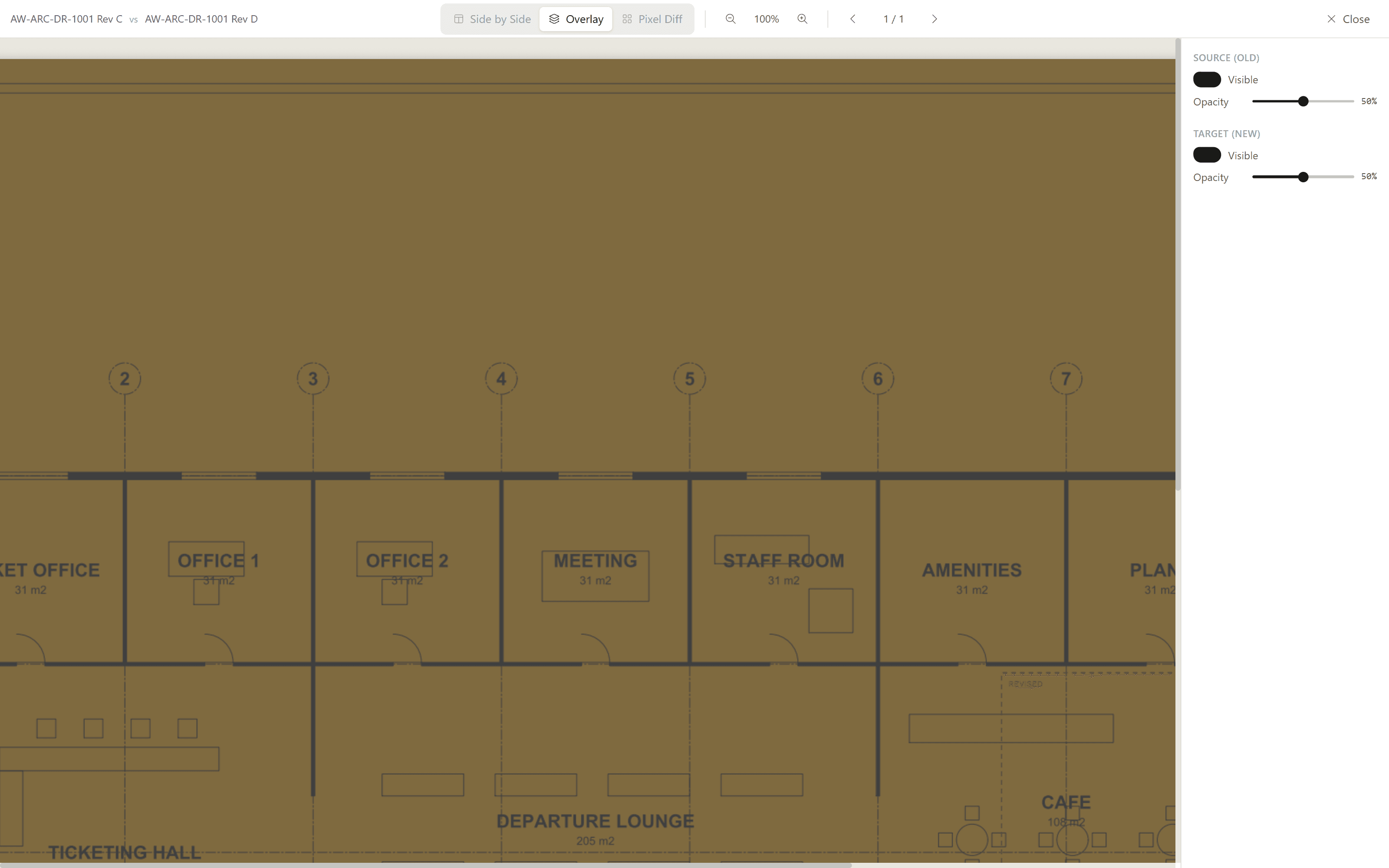The Overlay comparison mode fading between the old and new revision, with opacity controls