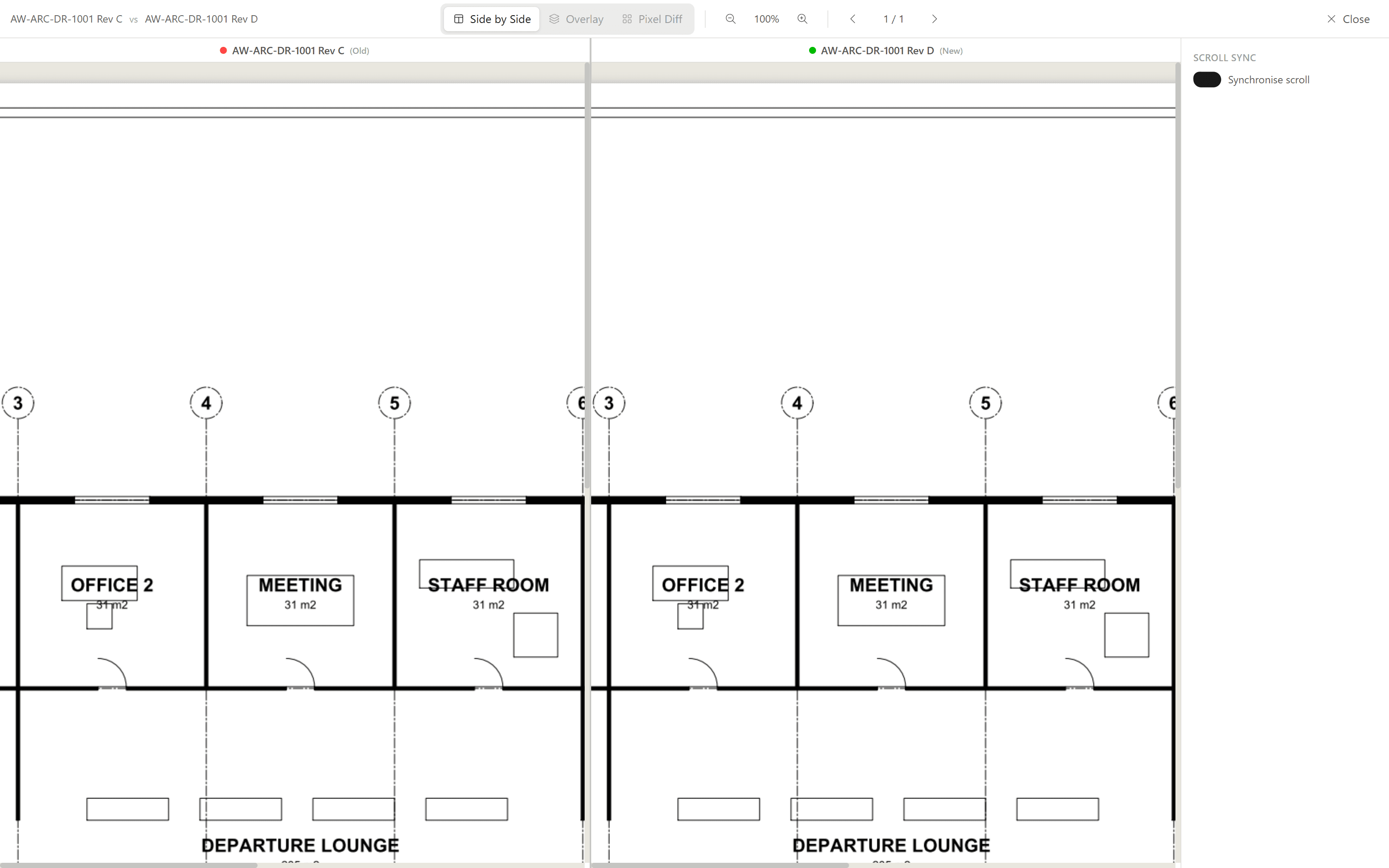 The comparison viewer showing the two revisions side by side, with Side by Side, Overlay and Pixel Diff mode options