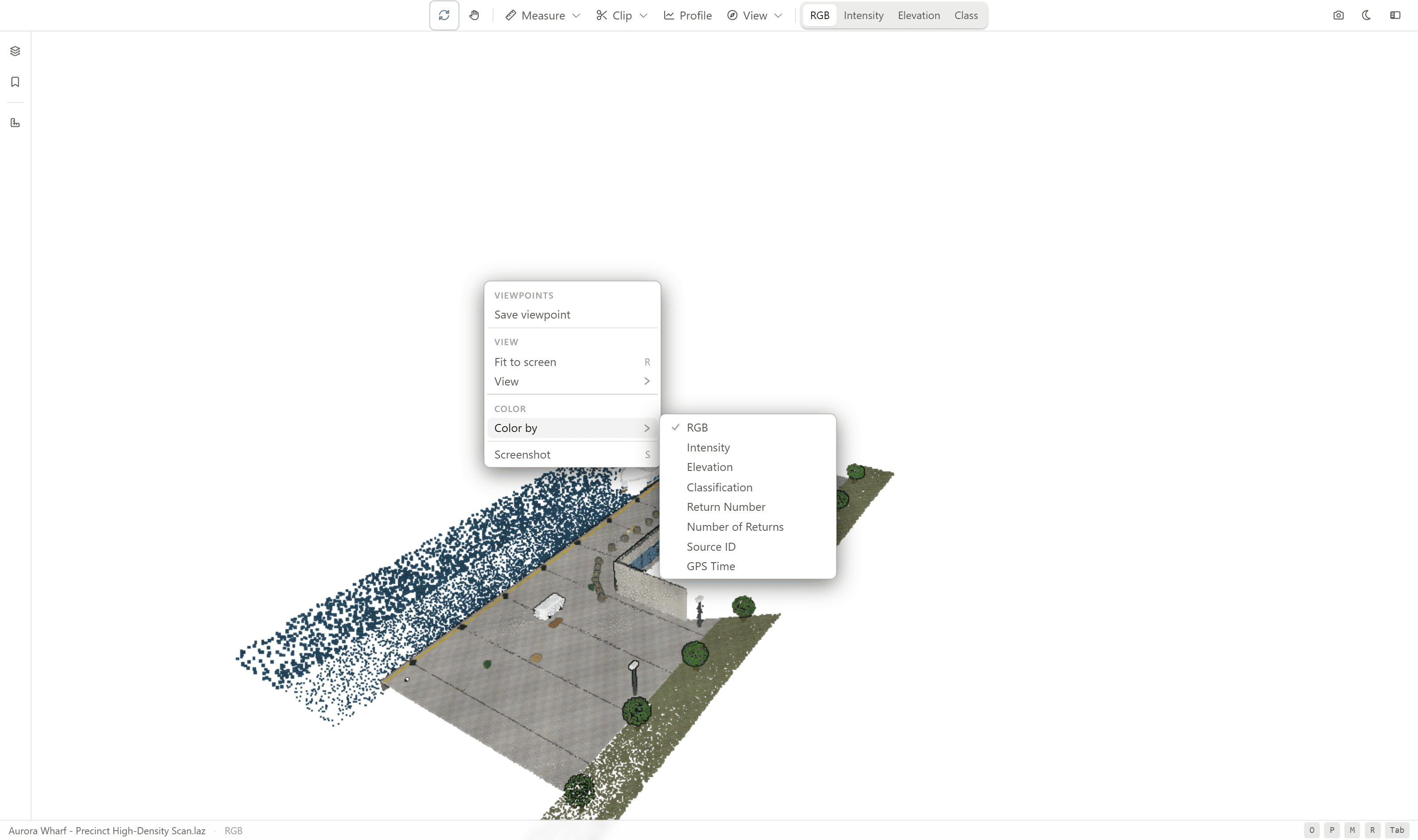 Canvas right-click menu with Viewpoints, View, Color, and Screenshot options