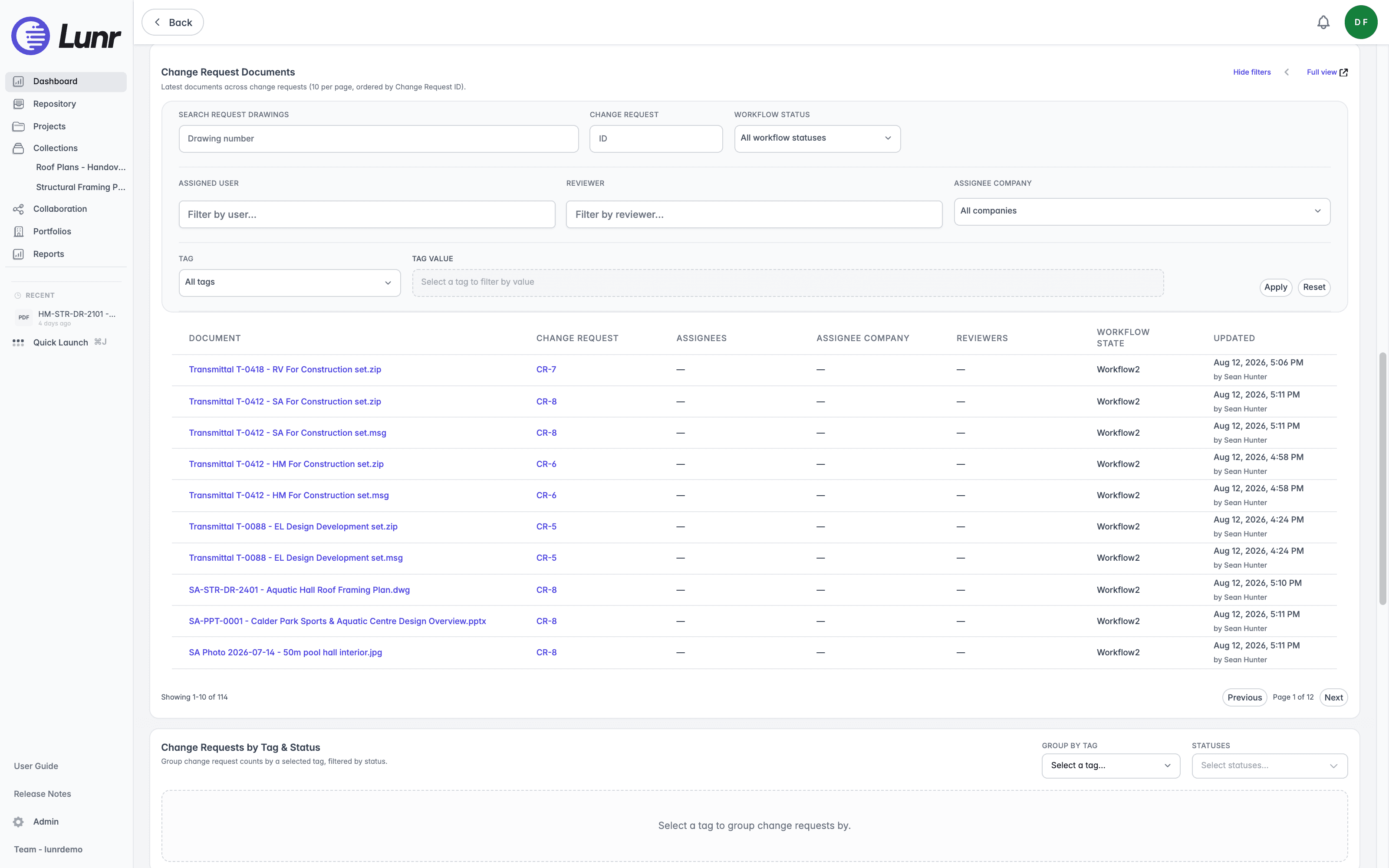 Change Request Documents table with its filters panel expanded, showing search, workflow status, assignee, reviewer, and tag filters above the document, change request, and workflow state columns