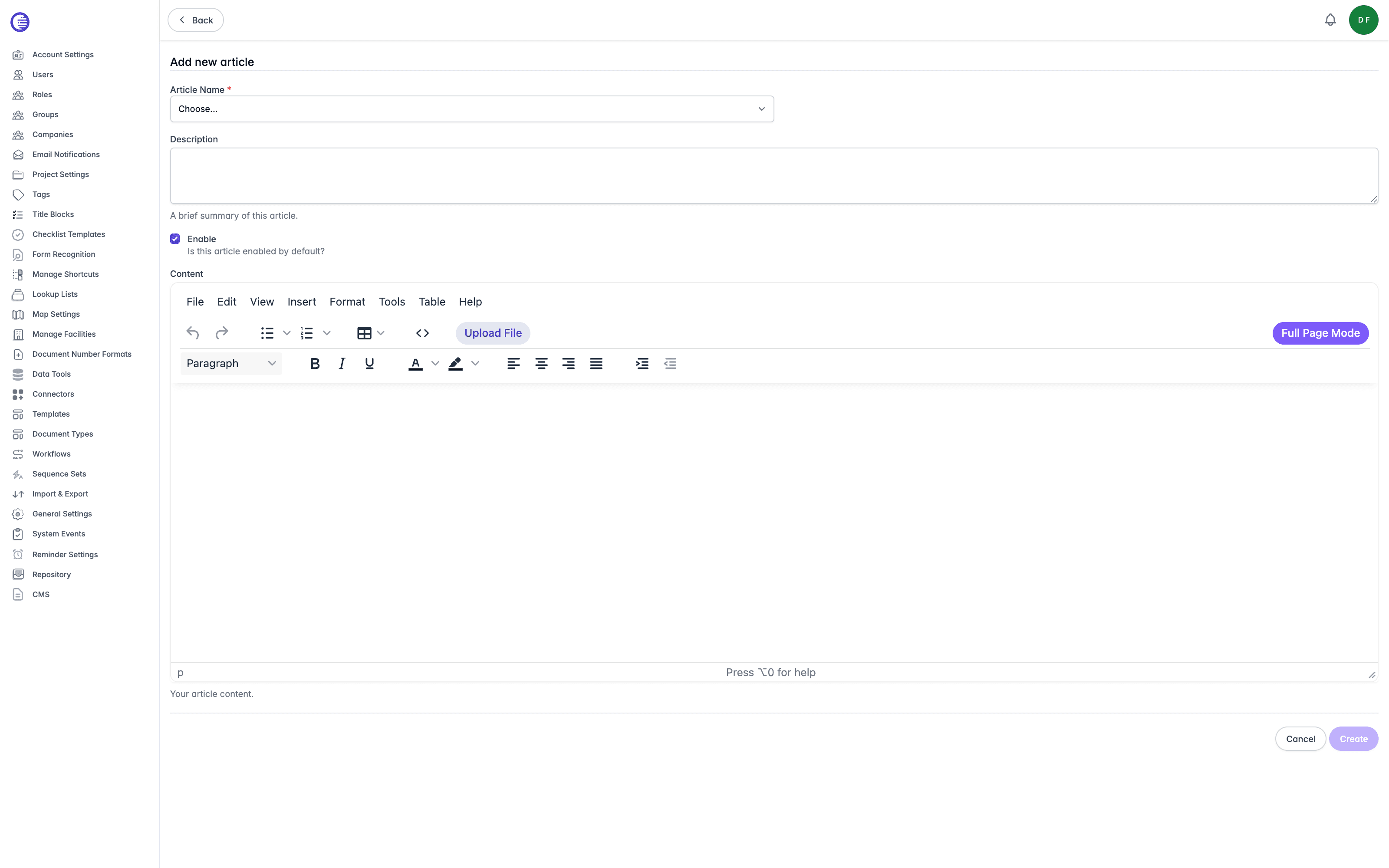 Create Article form showing the Article Name dropdown, Description field, Enable box, and the rich text Content editor with its two-row toolbar, including the Code view, Upload File, Paragraph format, text and background colour, alignment, and indent/outdent controls