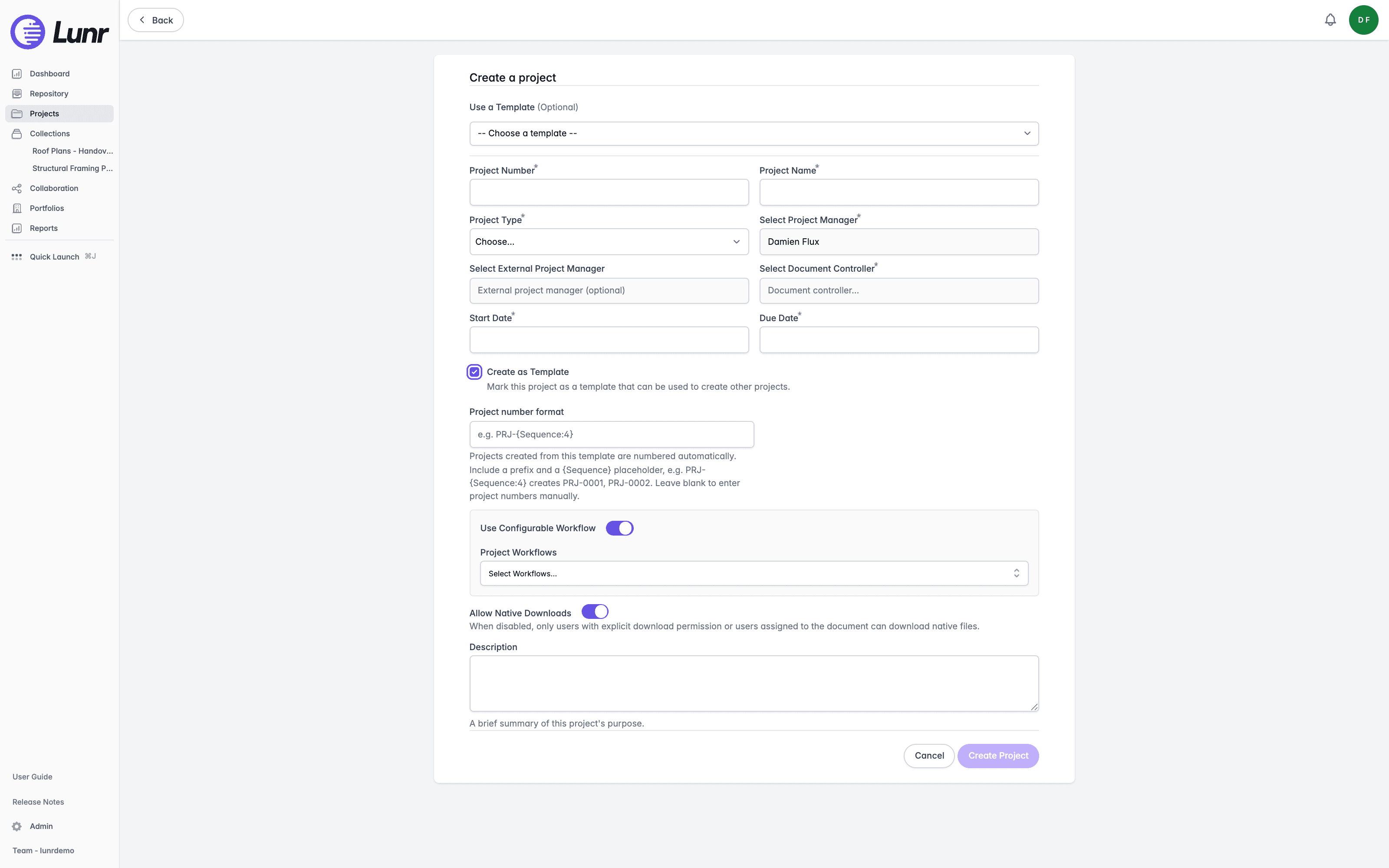 Create a project form with the Create as Template box ticked, showing its helper text and the revealed Project number format field with its own helper text