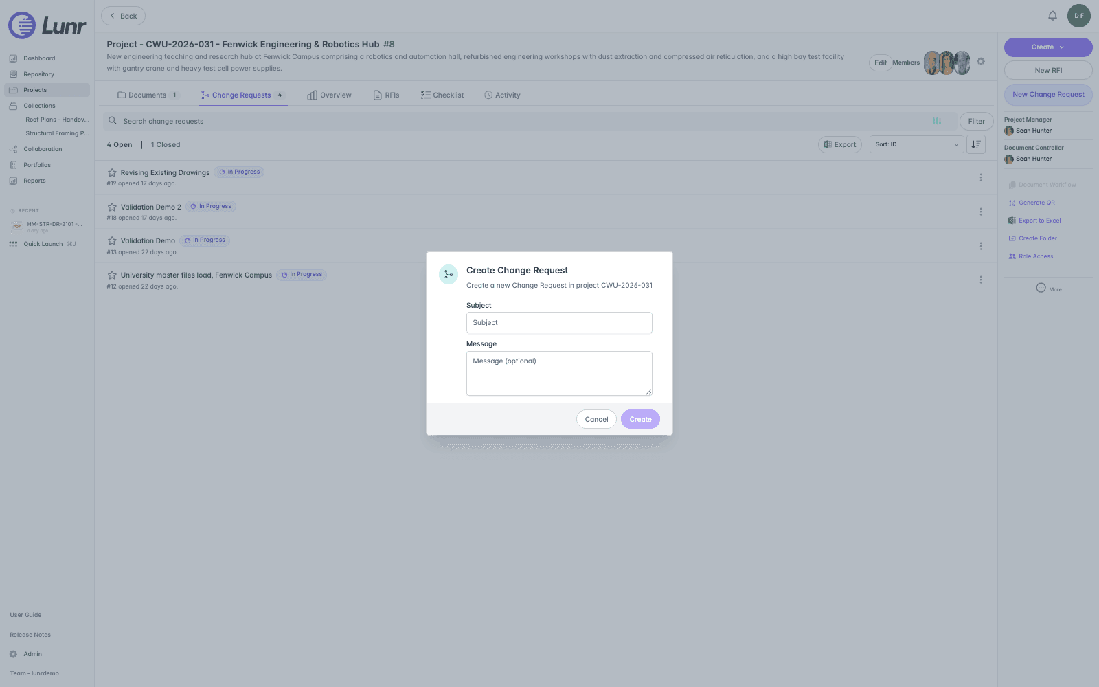 Create Change Request dialog open over a project's Change Requests tab, showing the Subject and Message fields, with Cancel and Create buttons