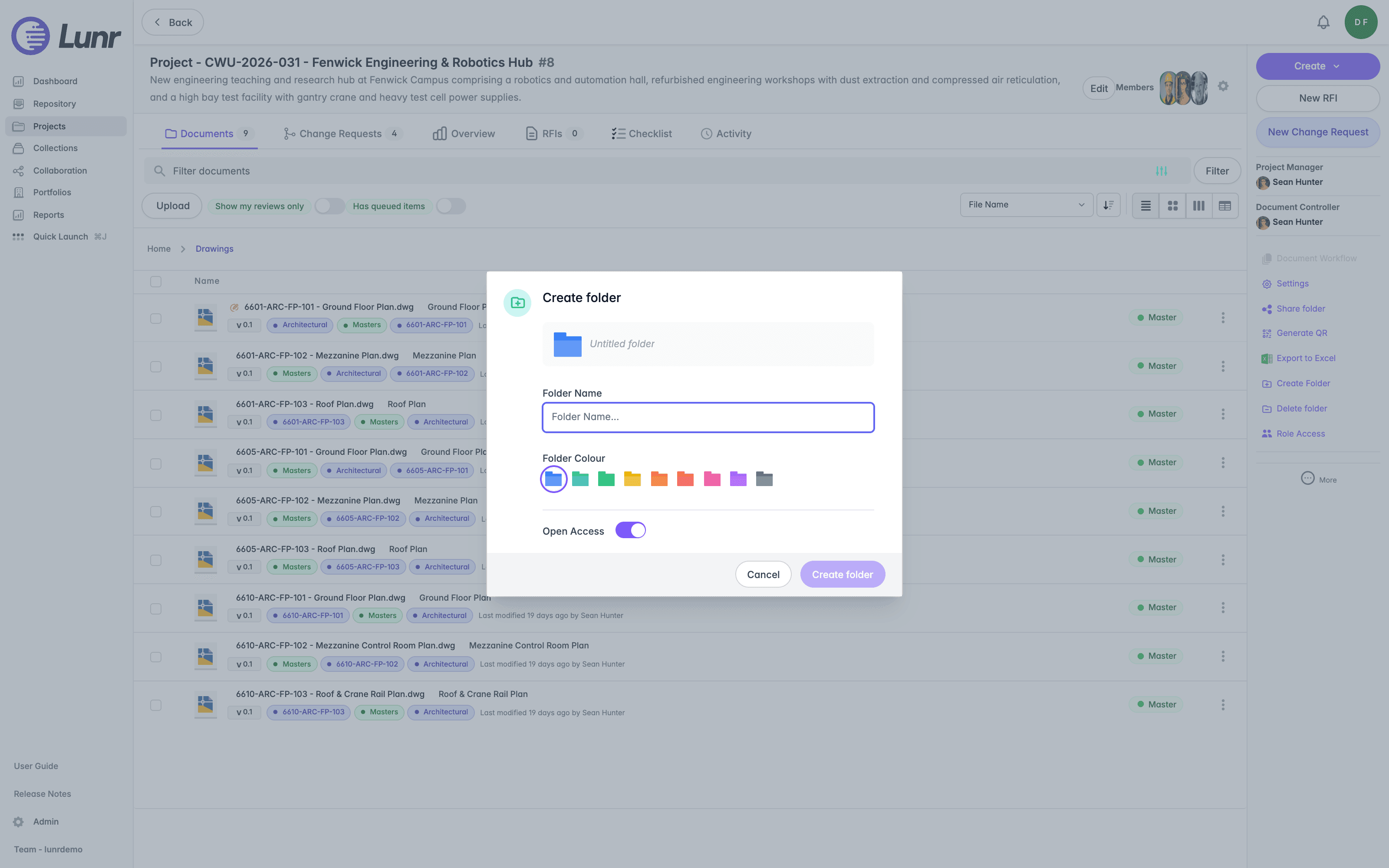 Create folder dialog with a folder name field, a colour picker with eight swatches, and an Open Access toggle