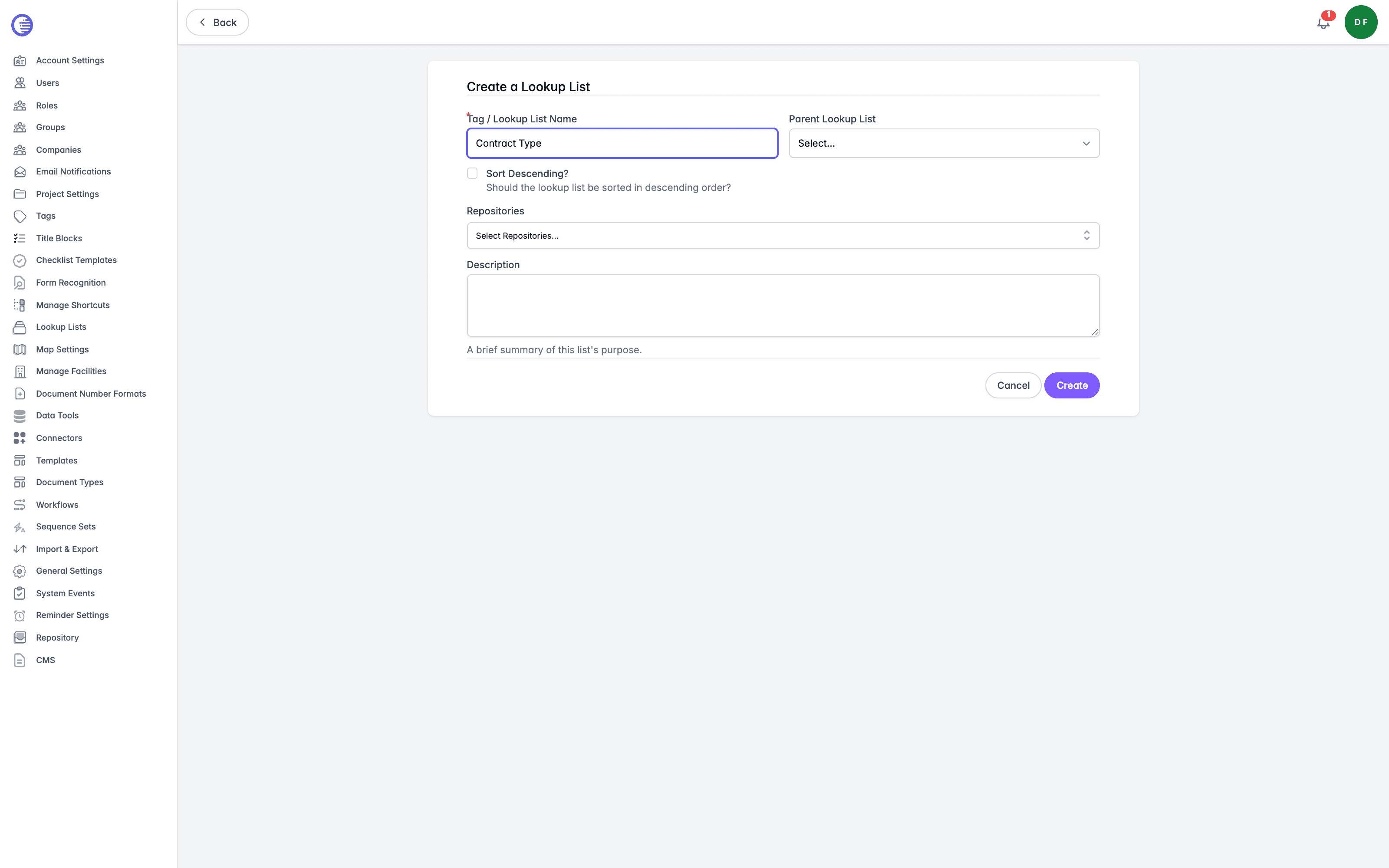 Create a Lookup List form with an example name entered, plus fields for parent lookup list, sort order, repositories, and description