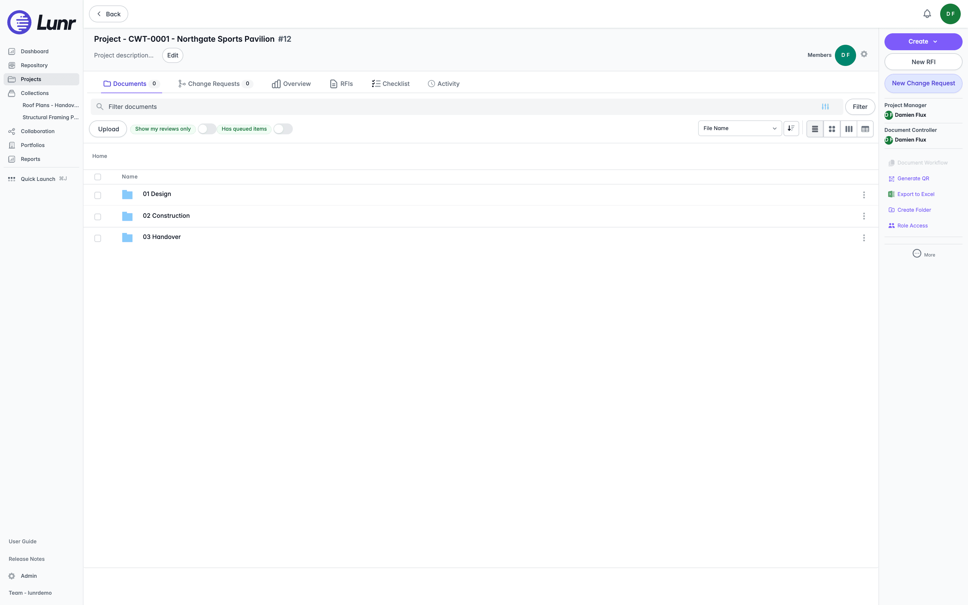 Project created from the template showing CWT-0001 in the header and the same three folders copied across