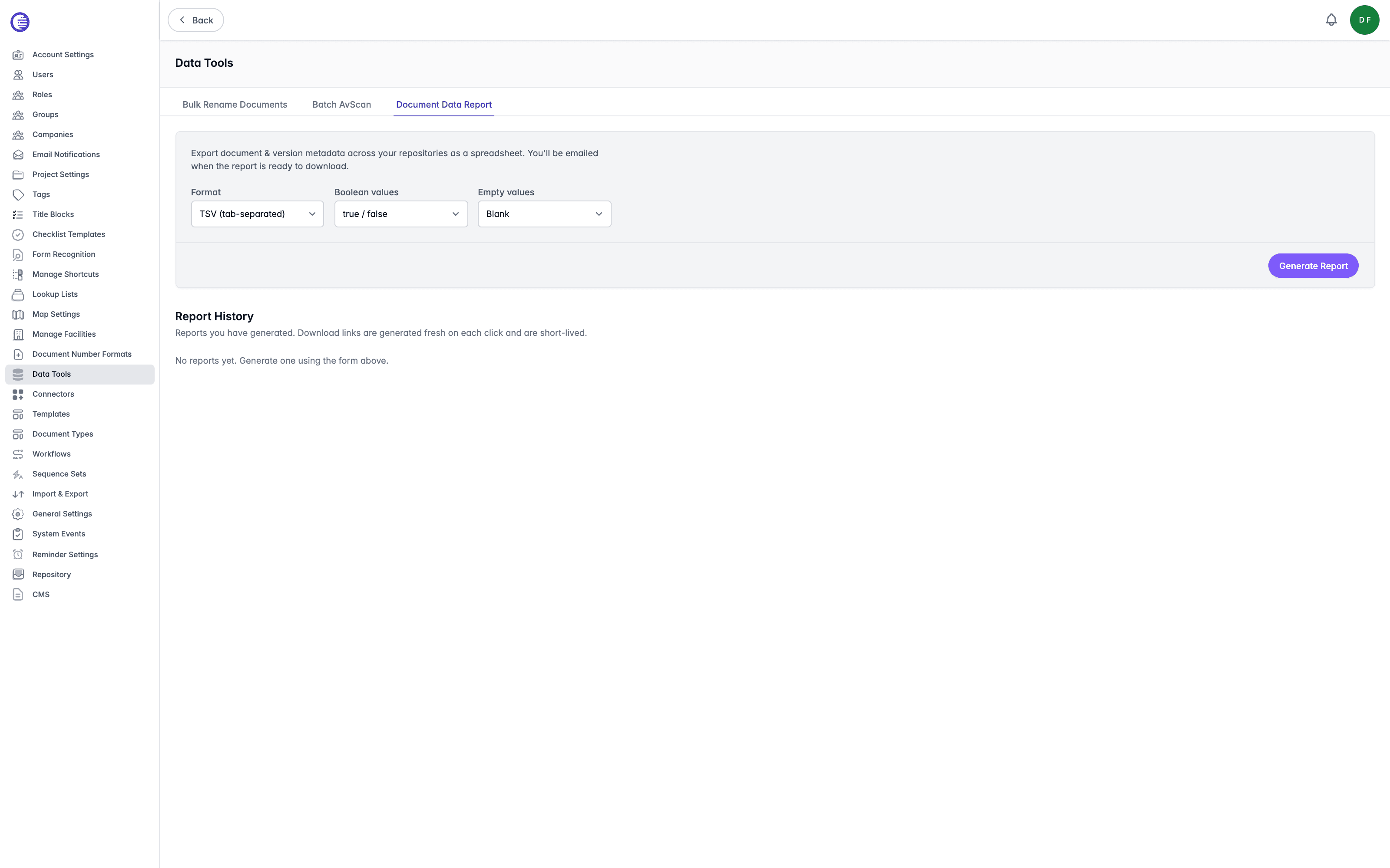 Document Data Report tab showing the Format, Boolean values, and Empty values dropdowns, the Generate Report button, and an empty Report History section
