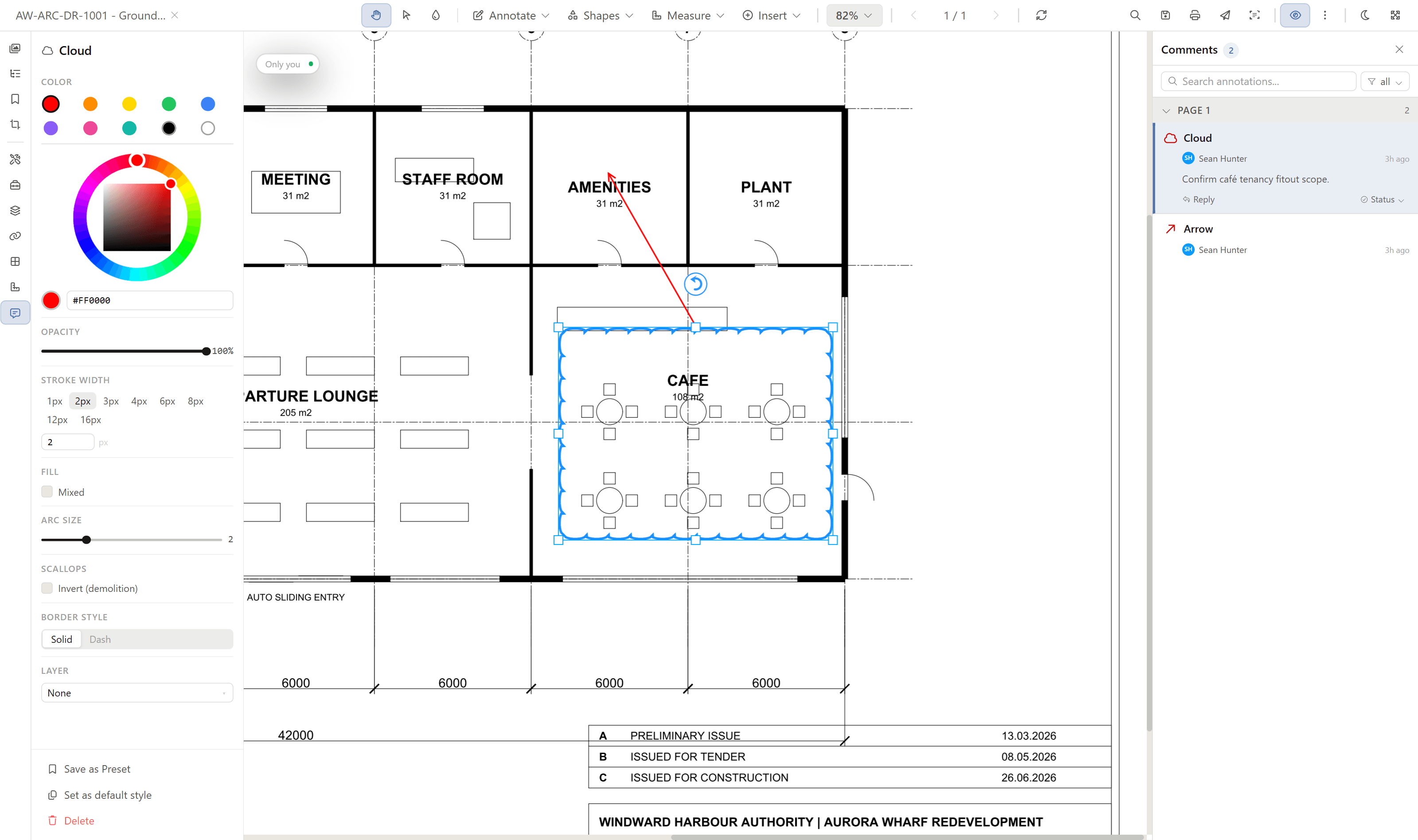 A cloud markup selected on the drawing, with the Annotation Properties panel showing colour, stroke, and border options