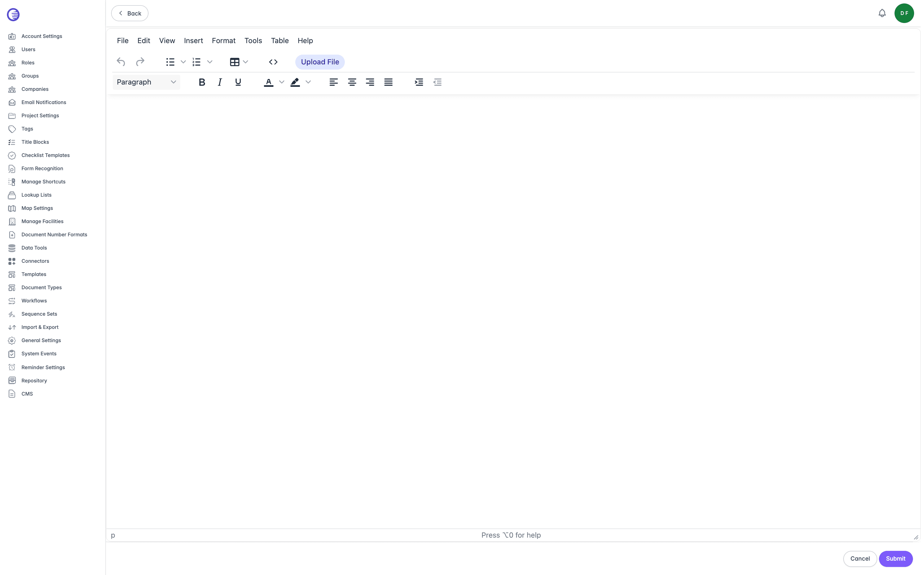 Full page mode of the article editor, showing the Content editor and its full two-row toolbar filling the page, with Cancel and Submit buttons below it