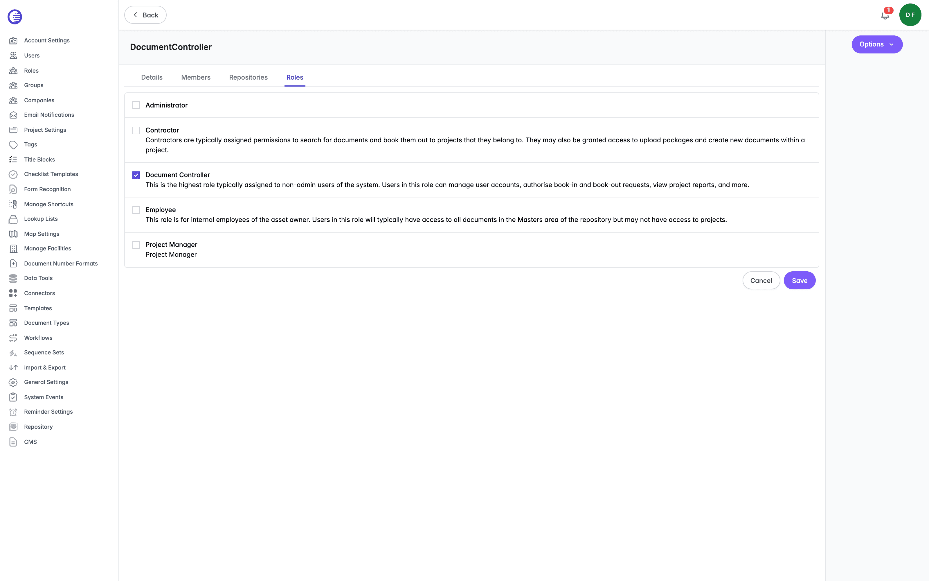 Roles tab on a group's detail page, with the Document Controller role selected to show which roles the group grants to its members