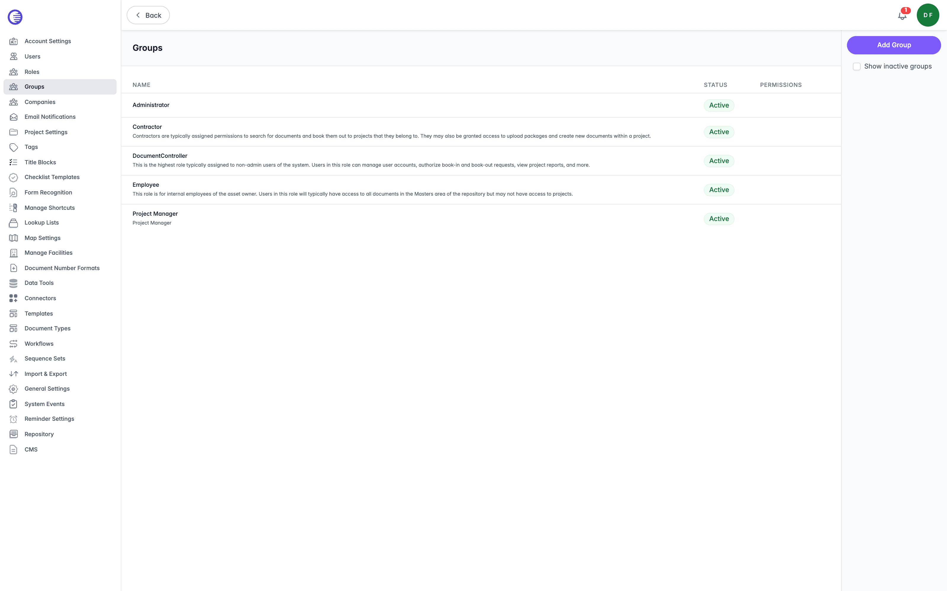 Groups list showing several groups, each active with a short description
