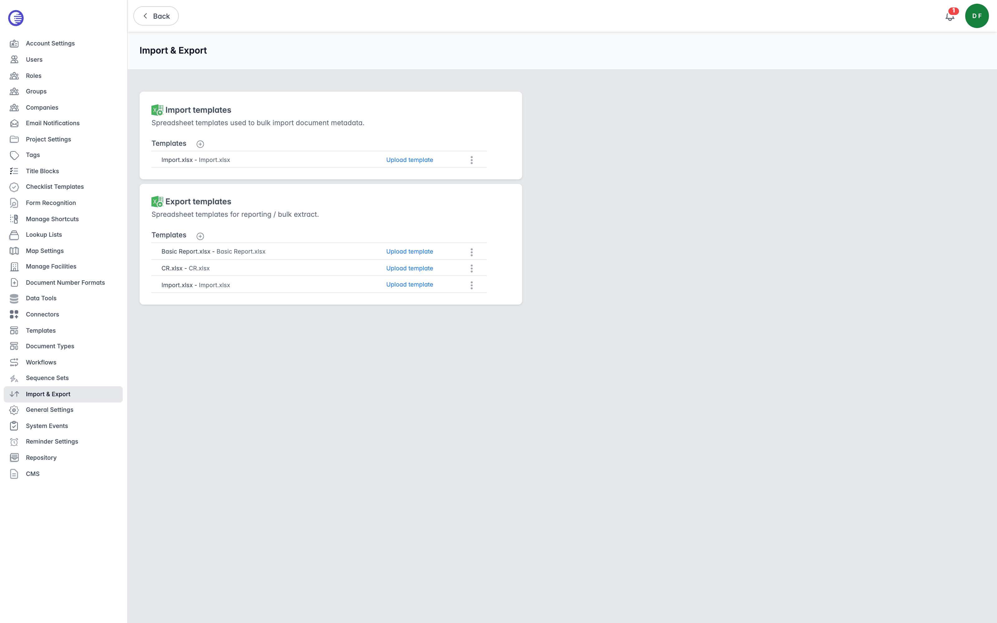 The global Import & Export page, listing global import templates (Import.xlsx) and export templates (Basic Report.xlsx, CR.xlsx) with an upload-template action for each
