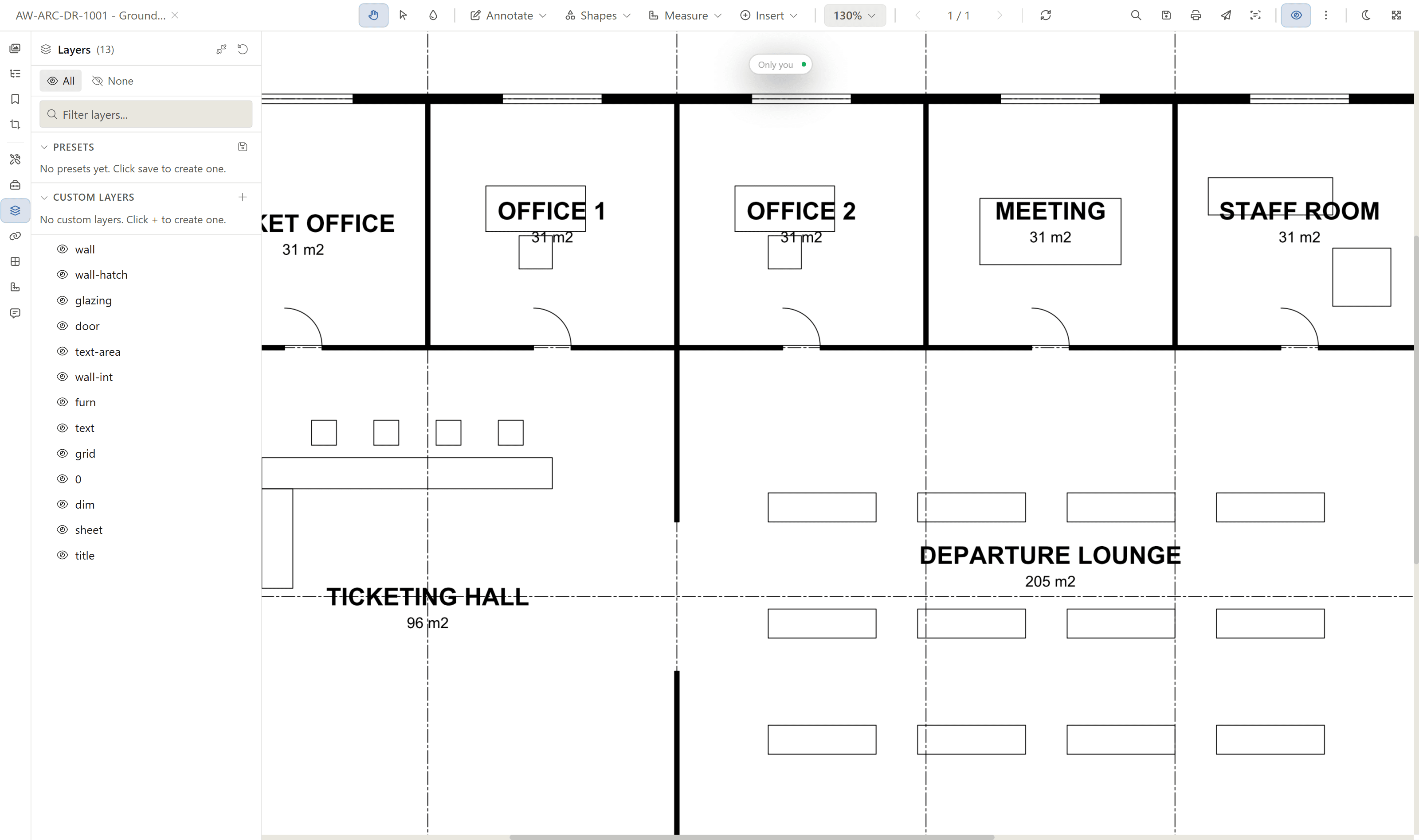 Ground floor plan close up with all layers visible, including furniture and dimensions