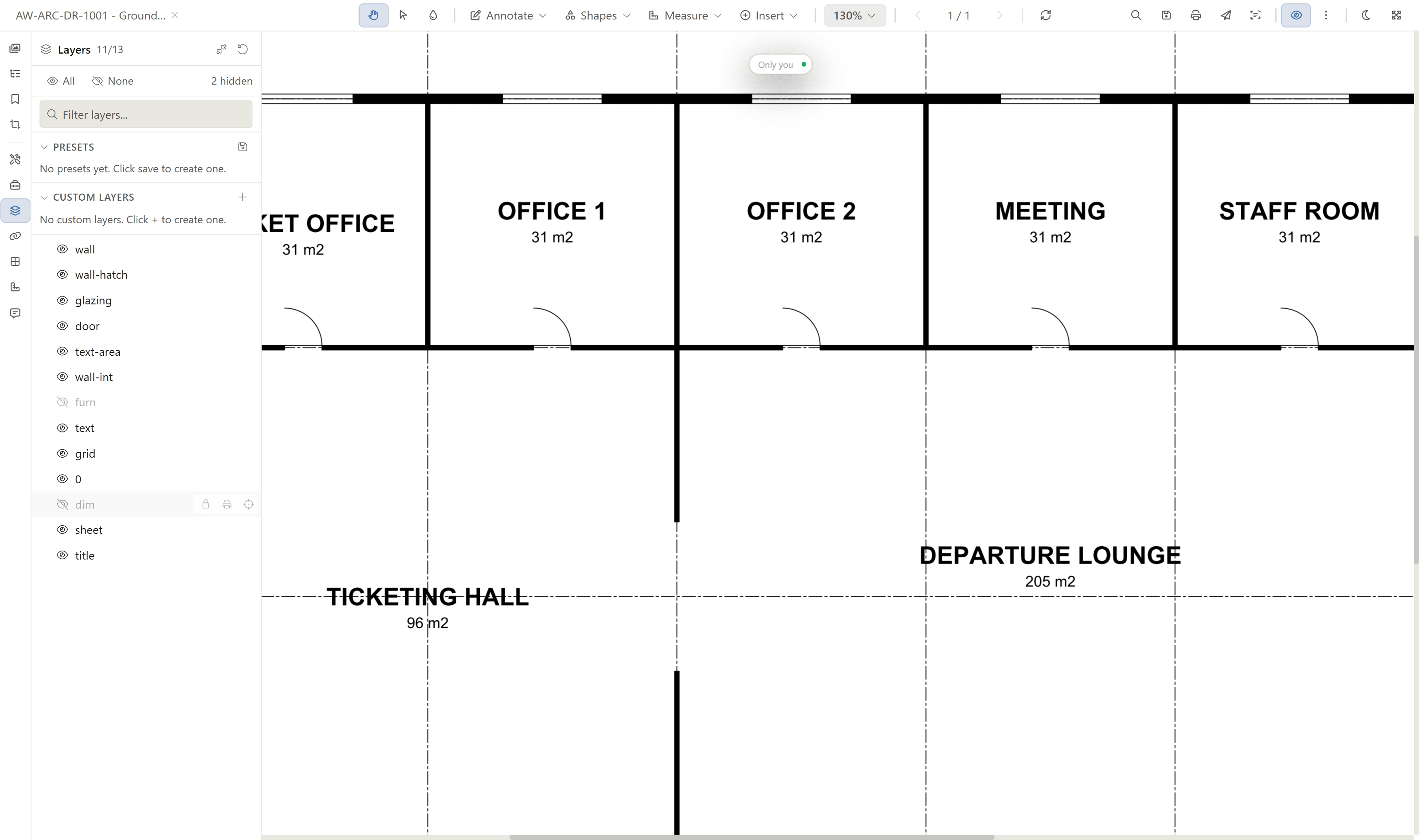 The same plan with the furniture and dimension layers hidden, showing 11 of 13 layers visible