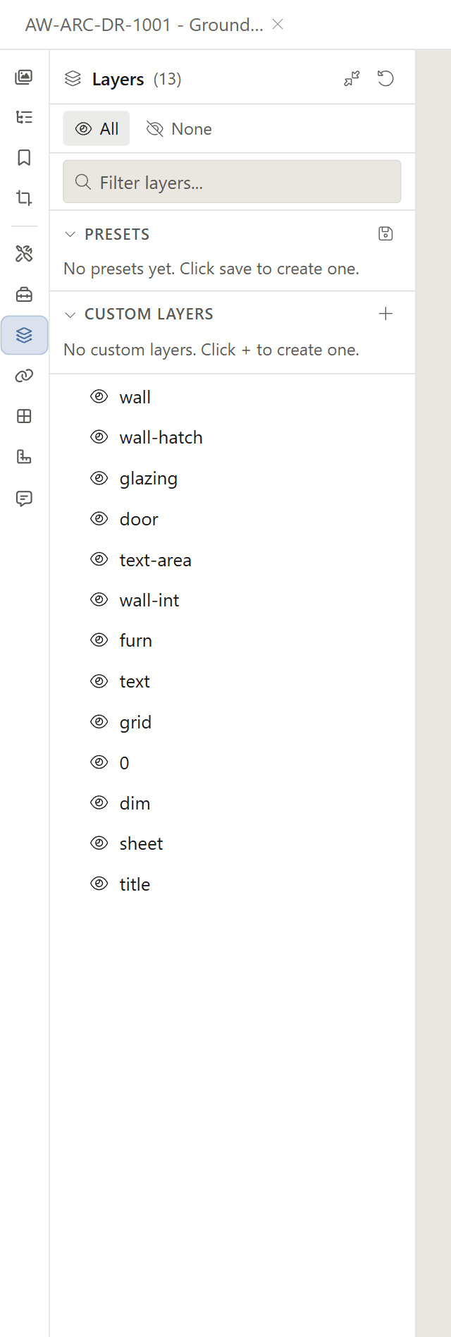 Layers panel listing the drawing's layers, each with a visibility control