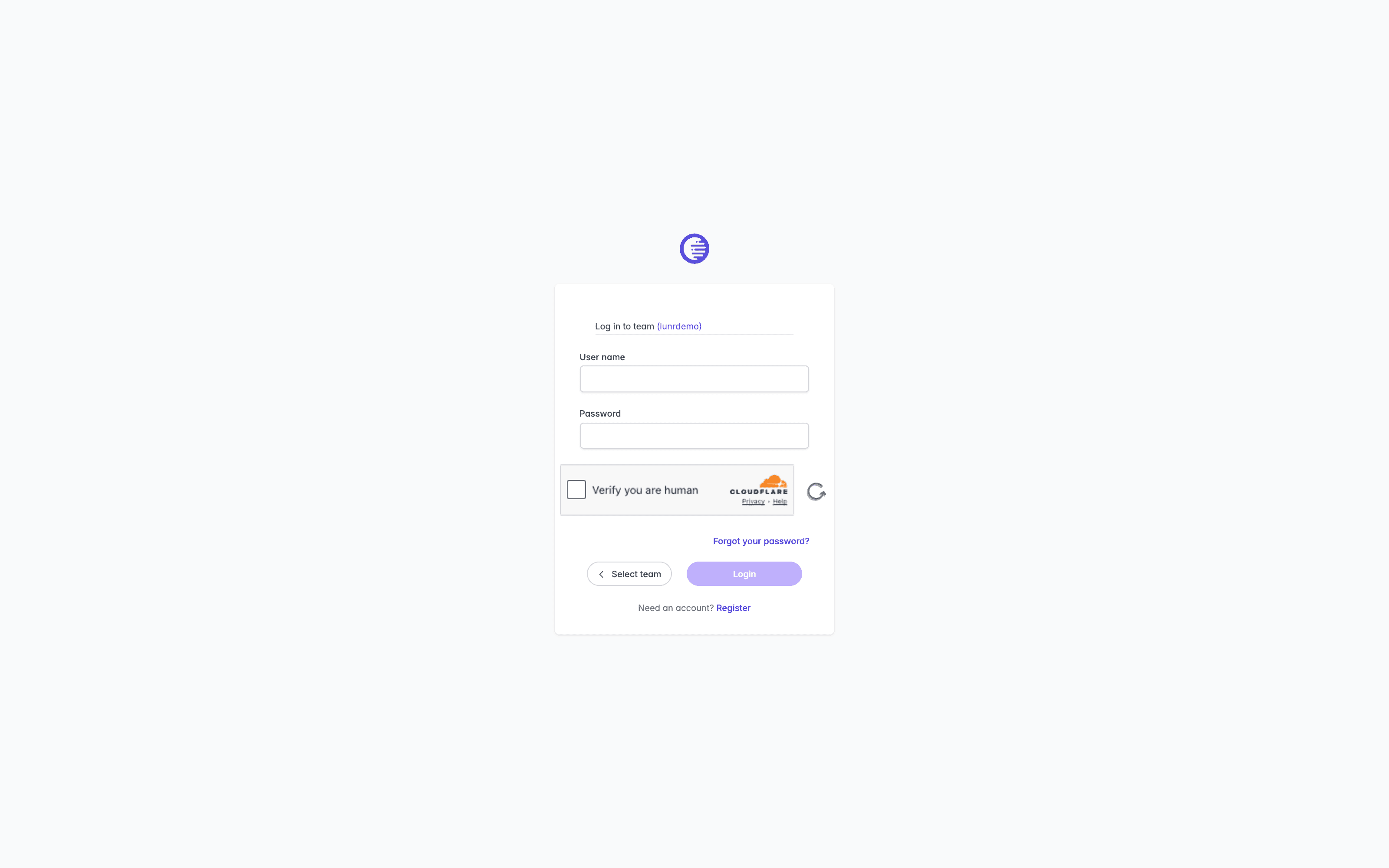 Log in to team screen for lunrdemo showing User name and Password fields, a Cloudflare verification widget, Forgot your password, Select team, and Login