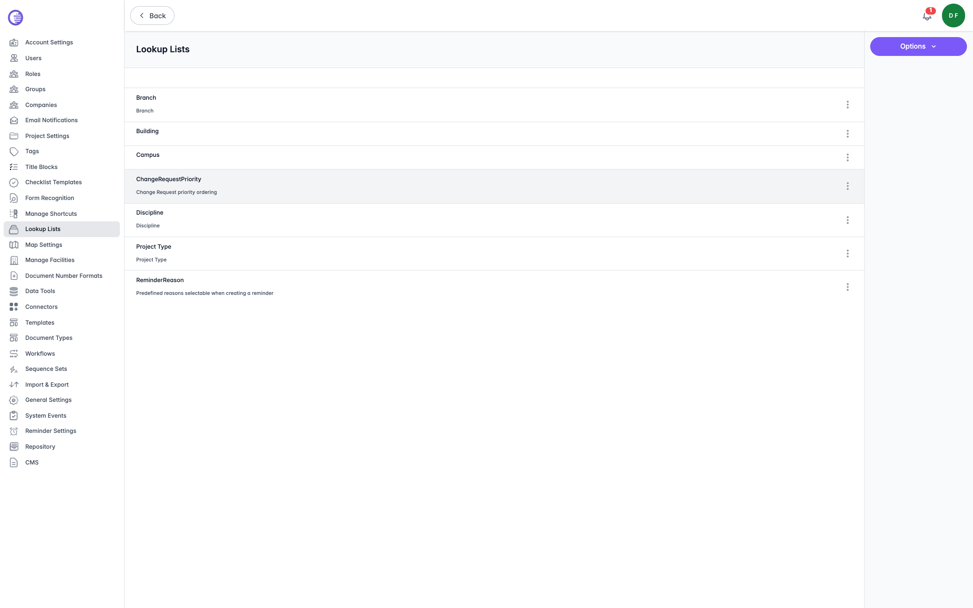 Lookup Lists index showing existing lists such as Branch, Building, Campus, ChangeRequestPriority, Discipline, Project Type, and ReminderReason