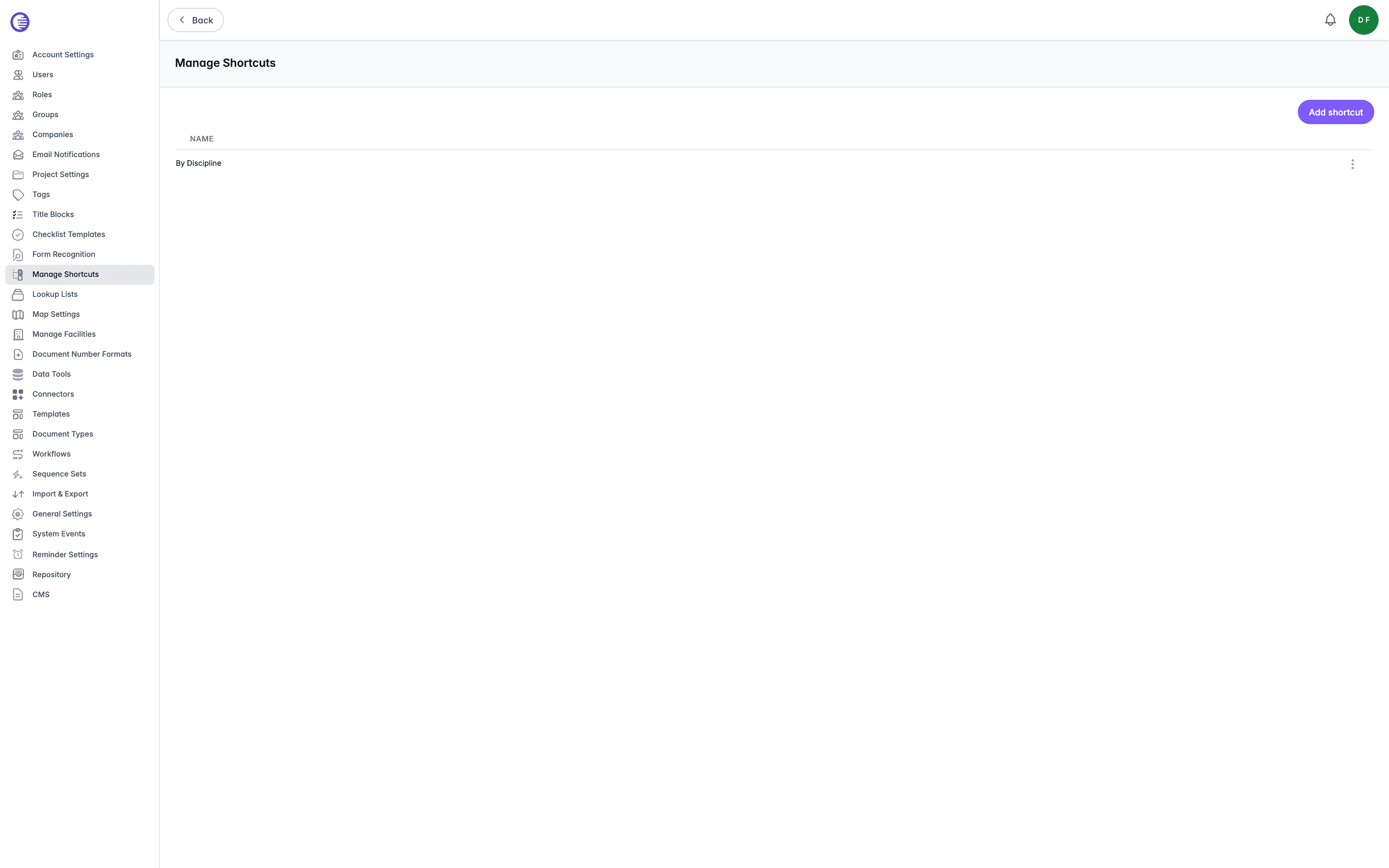 Manage Shortcuts page listing a shortcut named By Discipline, with an Add shortcut button